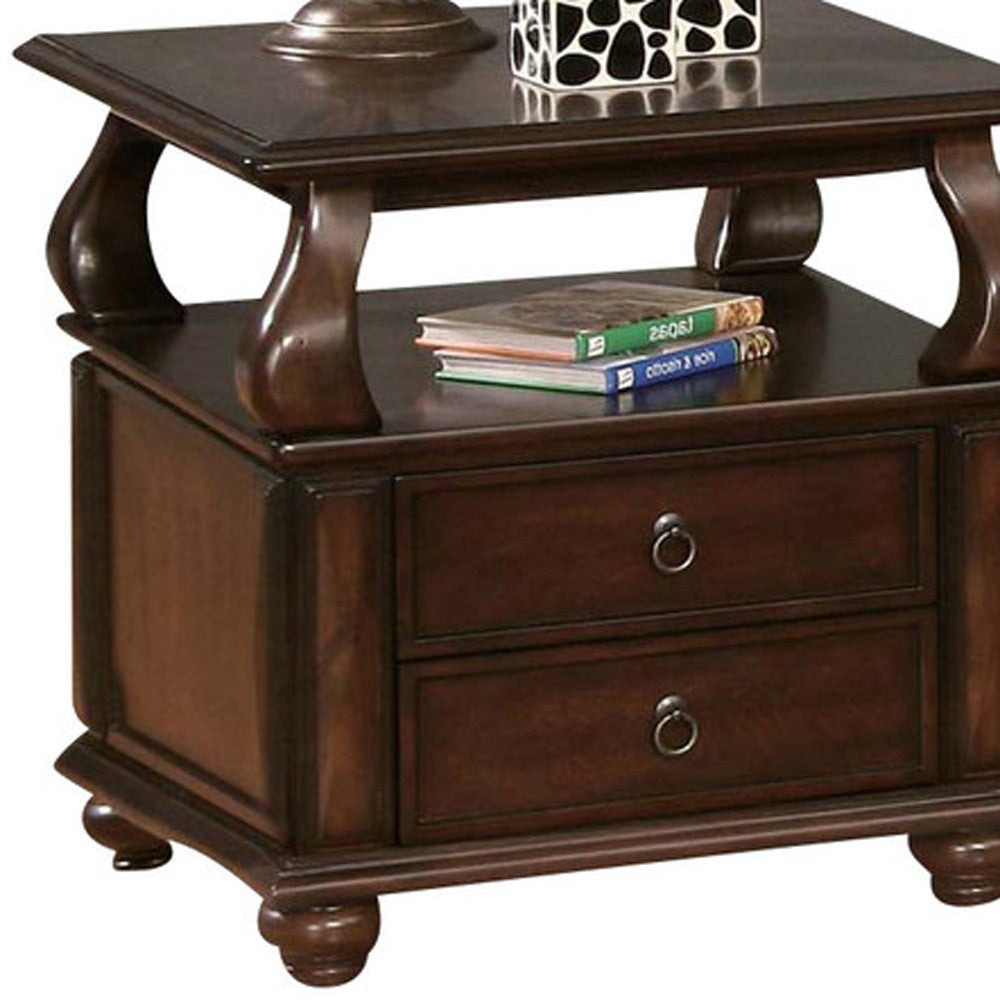 26" Brown Solid Wood Square End Table With Two Drawers And Shelf-End-Side Tables-DECOROLALA