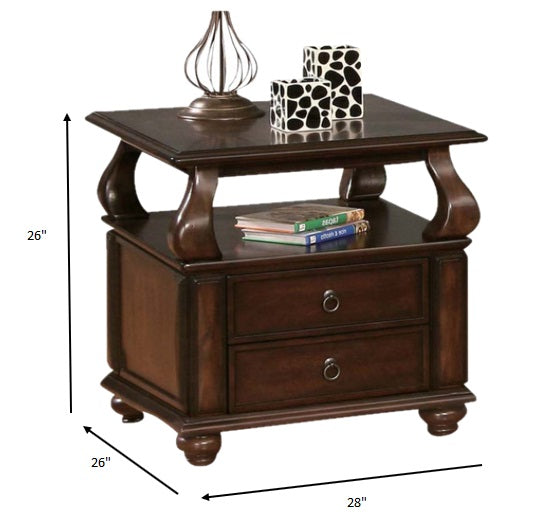 26" Brown Solid Wood Square End Table With Two Drawers And Shelf-End-Side Tables-DECOROLALA