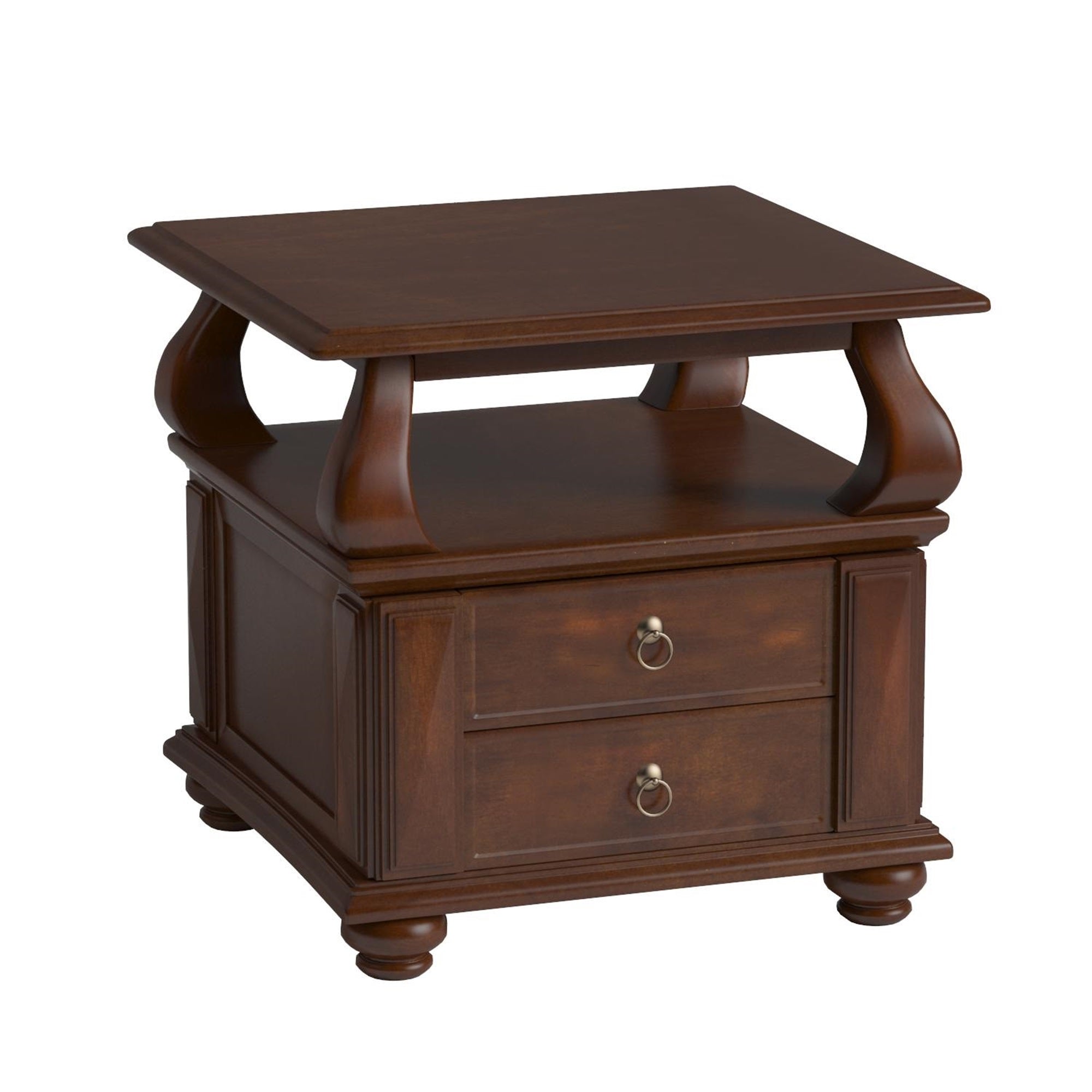 26" Brown Solid Wood Square End Table With Two Drawers And Shelf-End-Side Tables-DECOROLALA