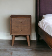 26" Brown Solid Wood and Wood Two Drawer Nightstand-Nightstands & Bedside Tables-DECOROLALA
