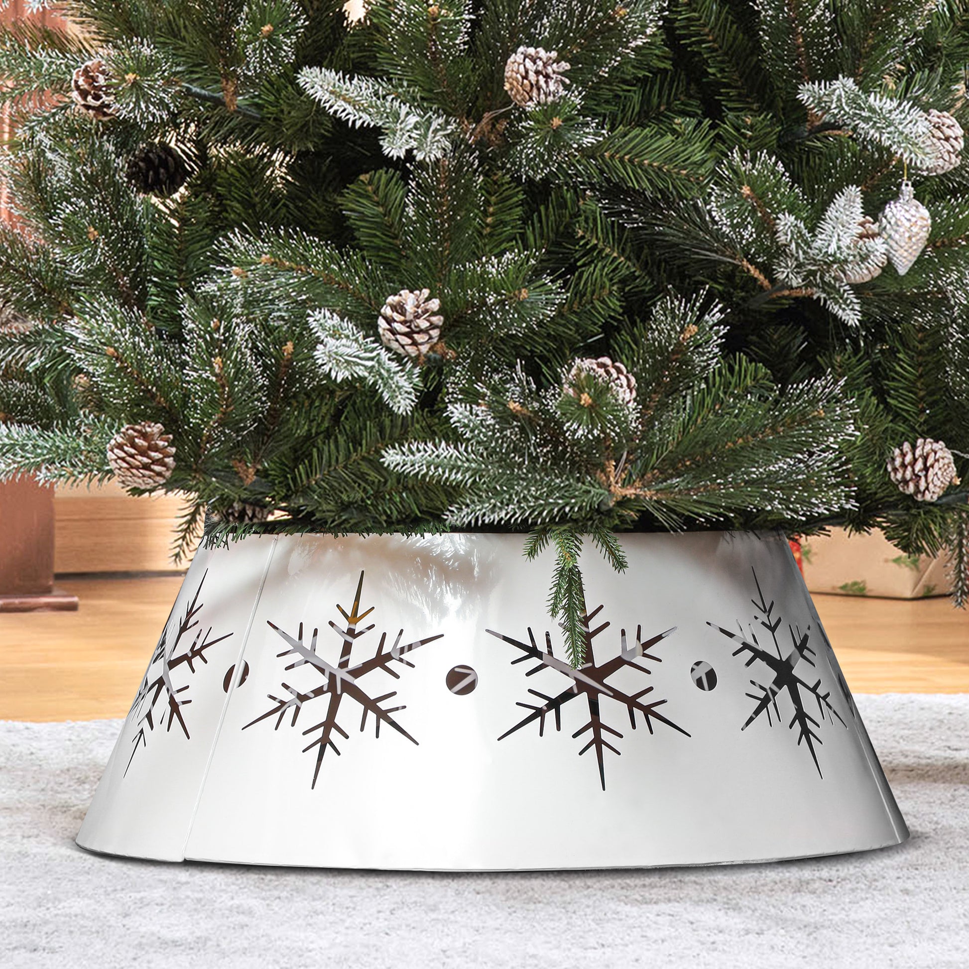 26" Christmas Tree Collar - White Steel Snowflake Pattern-Home Furnishings > Holiday & Seasonal > Christmas Trees-DECOROLALA