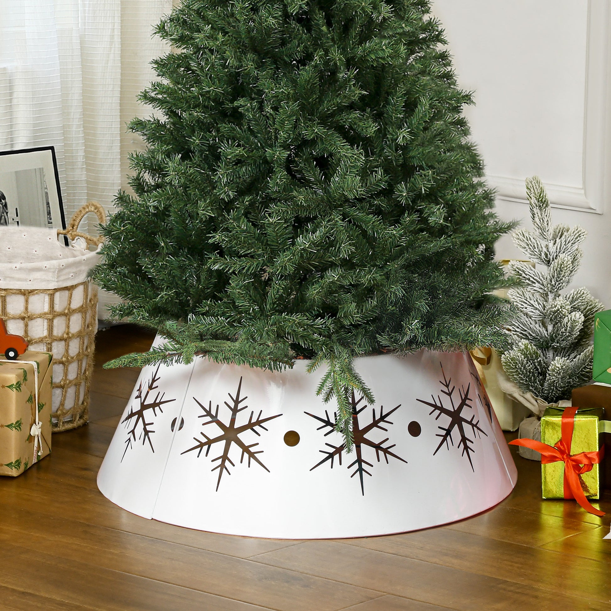26" Christmas Tree Collar - White Steel Snowflake Pattern-Home Furnishings > Holiday & Seasonal > Christmas Trees-DECOROLALA