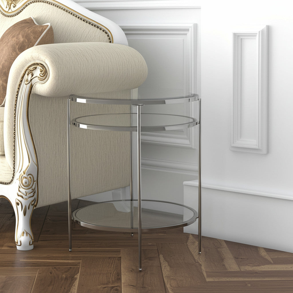 26" Chrome Glass And Iron Round Mirrored End Table With Shelf-End-Side Tables-DECOROLALA