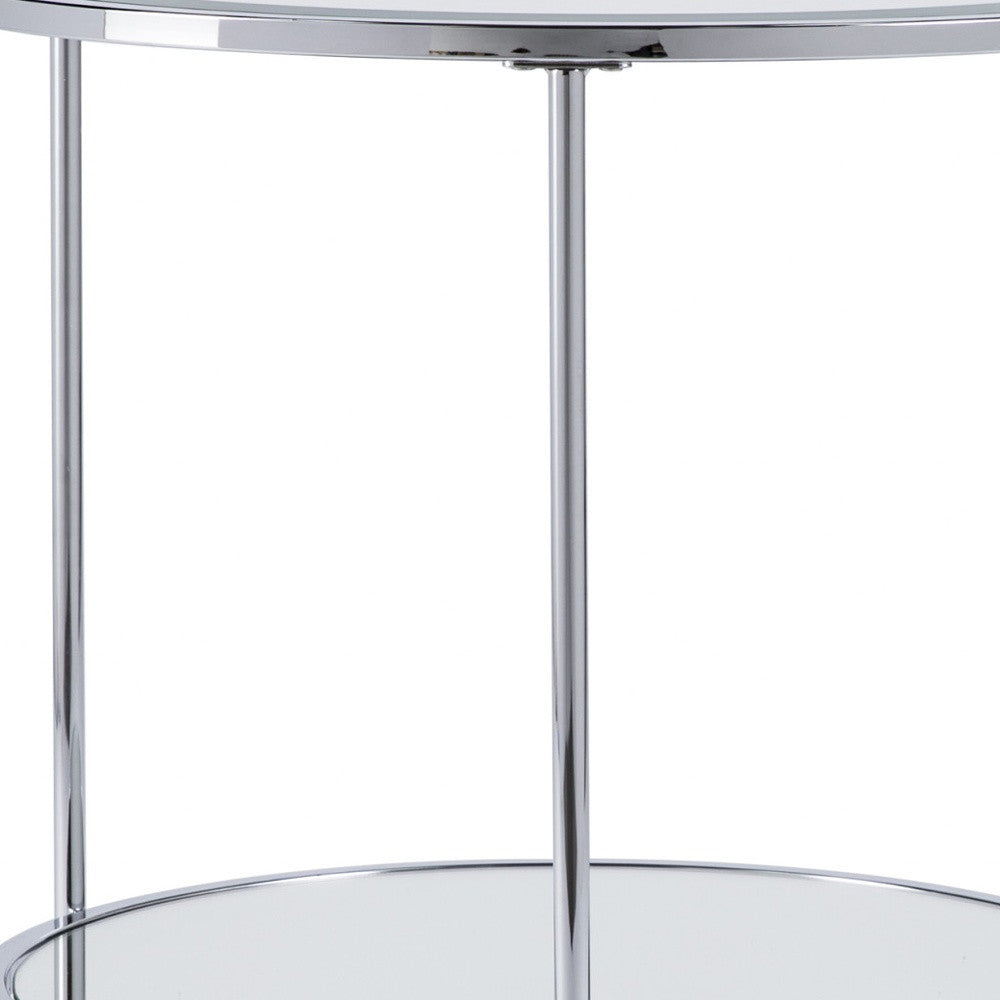 26" Chrome Glass And Iron Round Mirrored End Table With Shelf-End-Side Tables-DECOROLALA