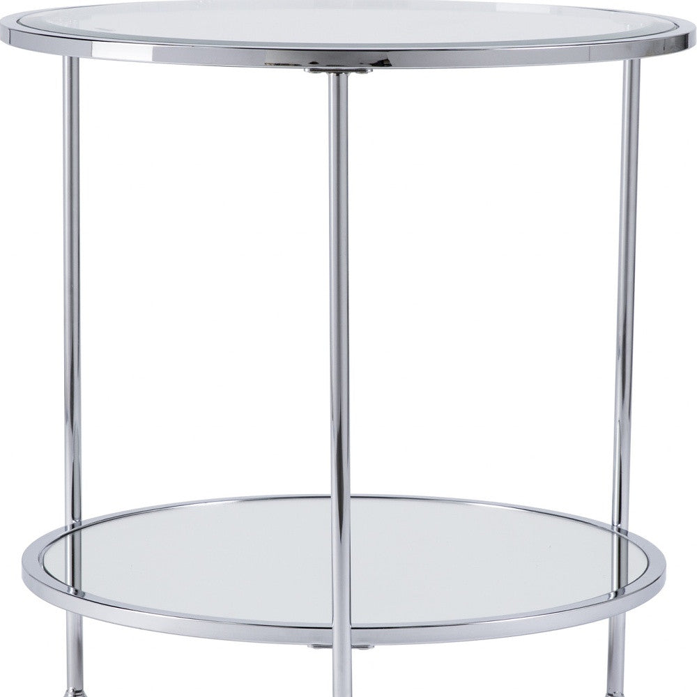 26" Chrome Glass And Iron Round Mirrored End Table With Shelf-End-Side Tables-DECOROLALA