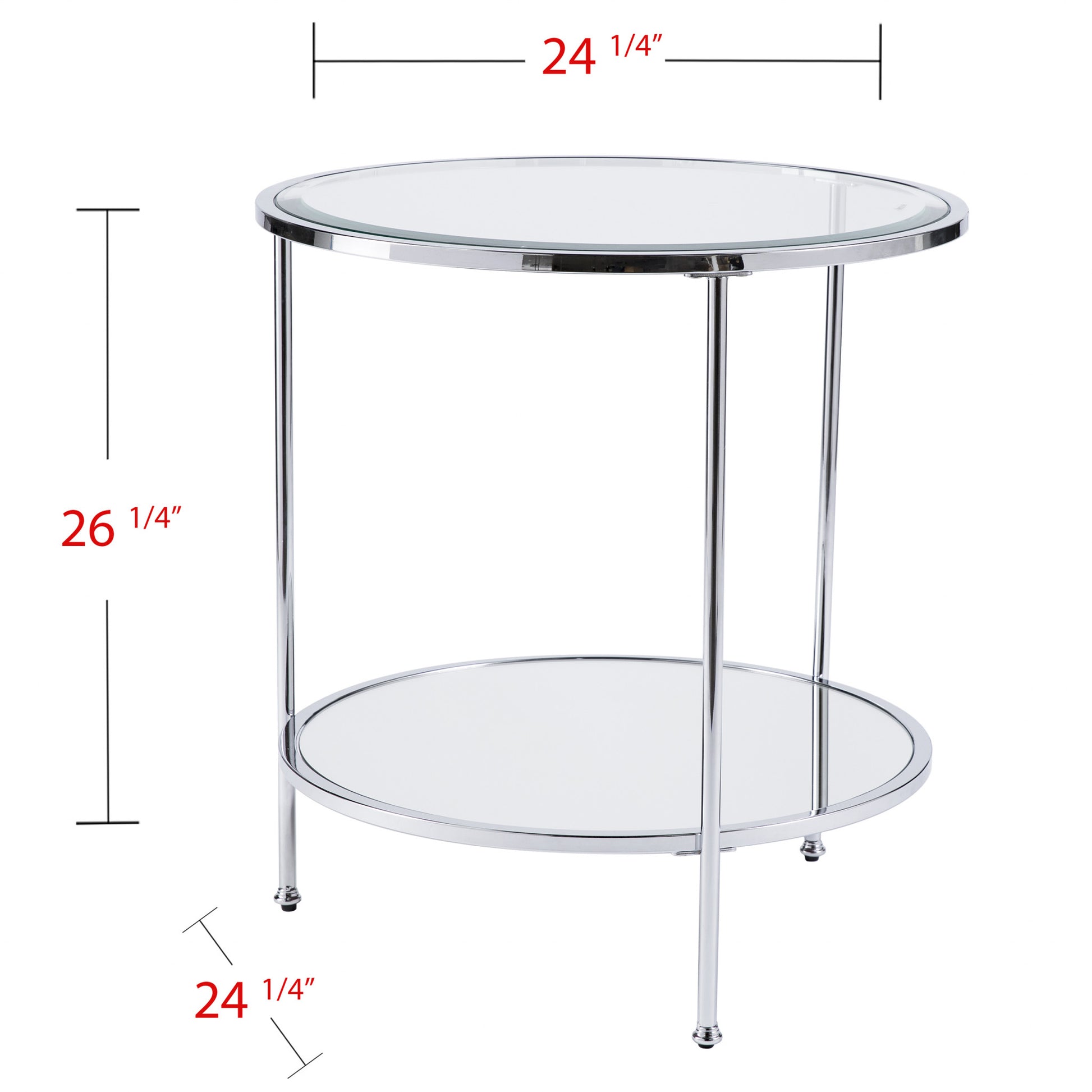 26" Chrome Glass And Iron Round Mirrored End Table With Shelf-End-Side Tables-DECOROLALA