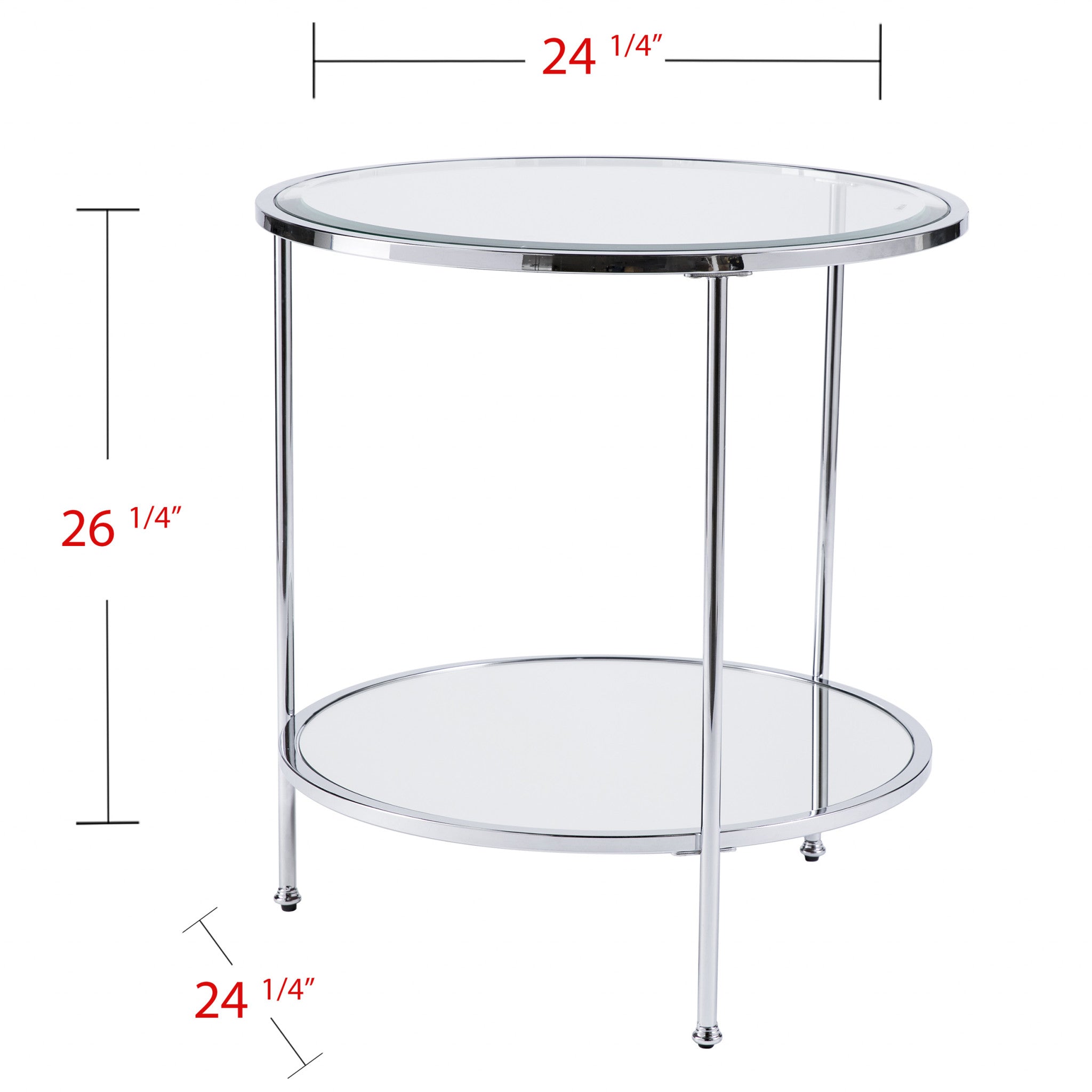 26" Chrome Glass And Iron Round Mirrored End Table With Shelf-End-Side Tables-DECOROLALA