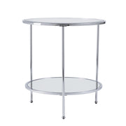 26" Chrome Glass And Iron Round Mirrored End Table With Shelf-End-Side Tables-DECOROLALA