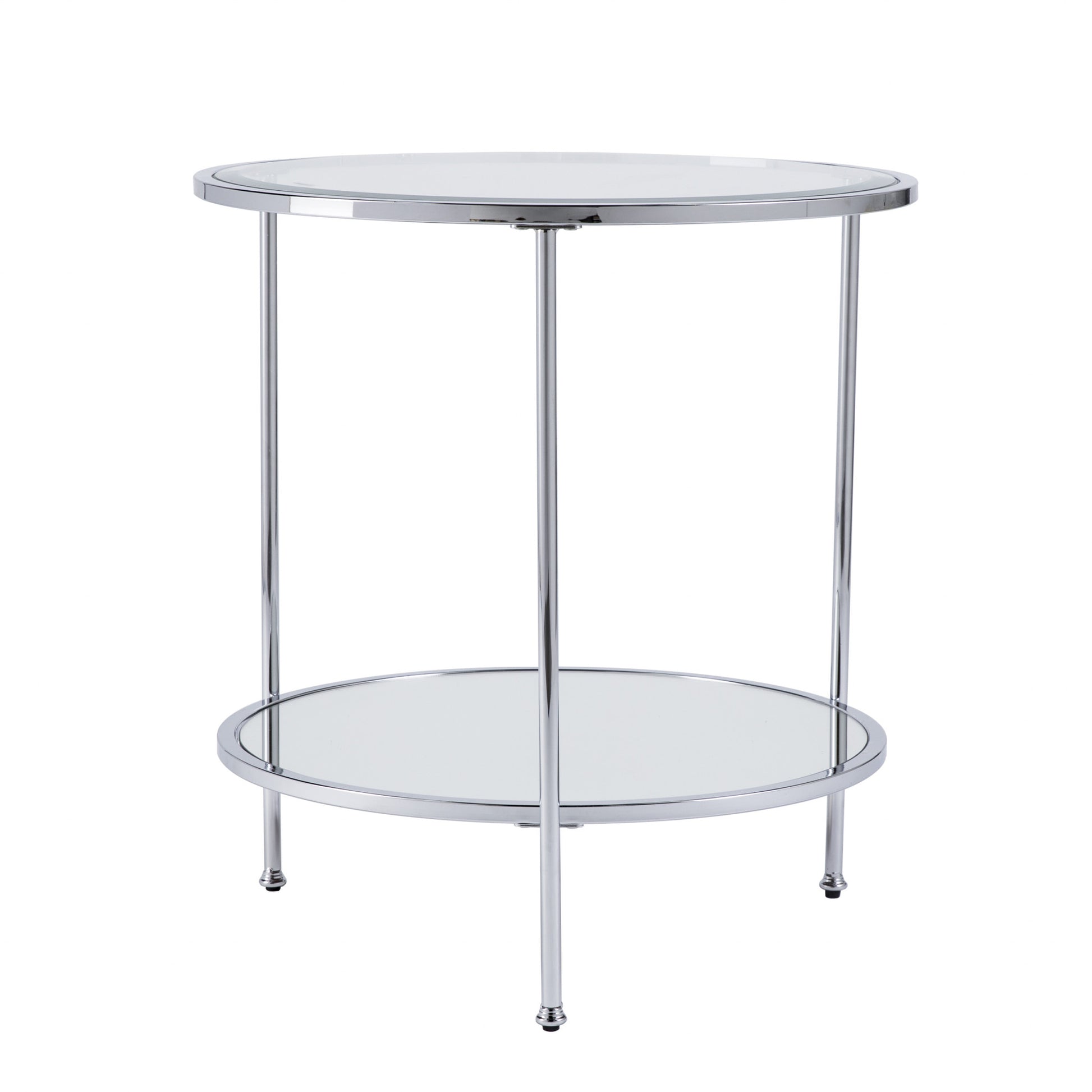 26" Chrome Glass And Iron Round Mirrored End Table With Shelf-End-Side Tables-DECOROLALA