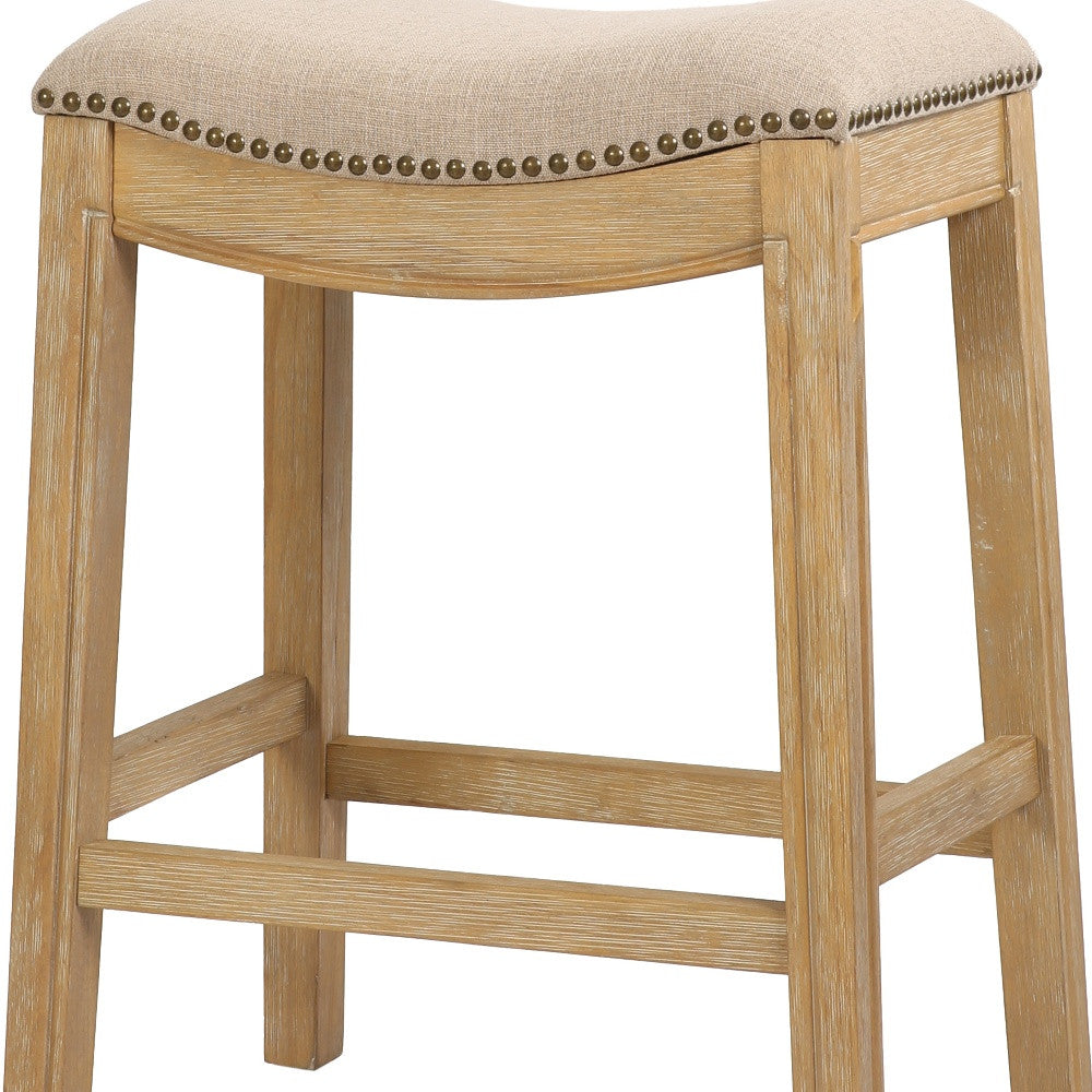 26" Cream and Wood Brown Fabric and Solid Wood Backless Counter Height Bar Chair-Bar Chairs-DECOROLALA