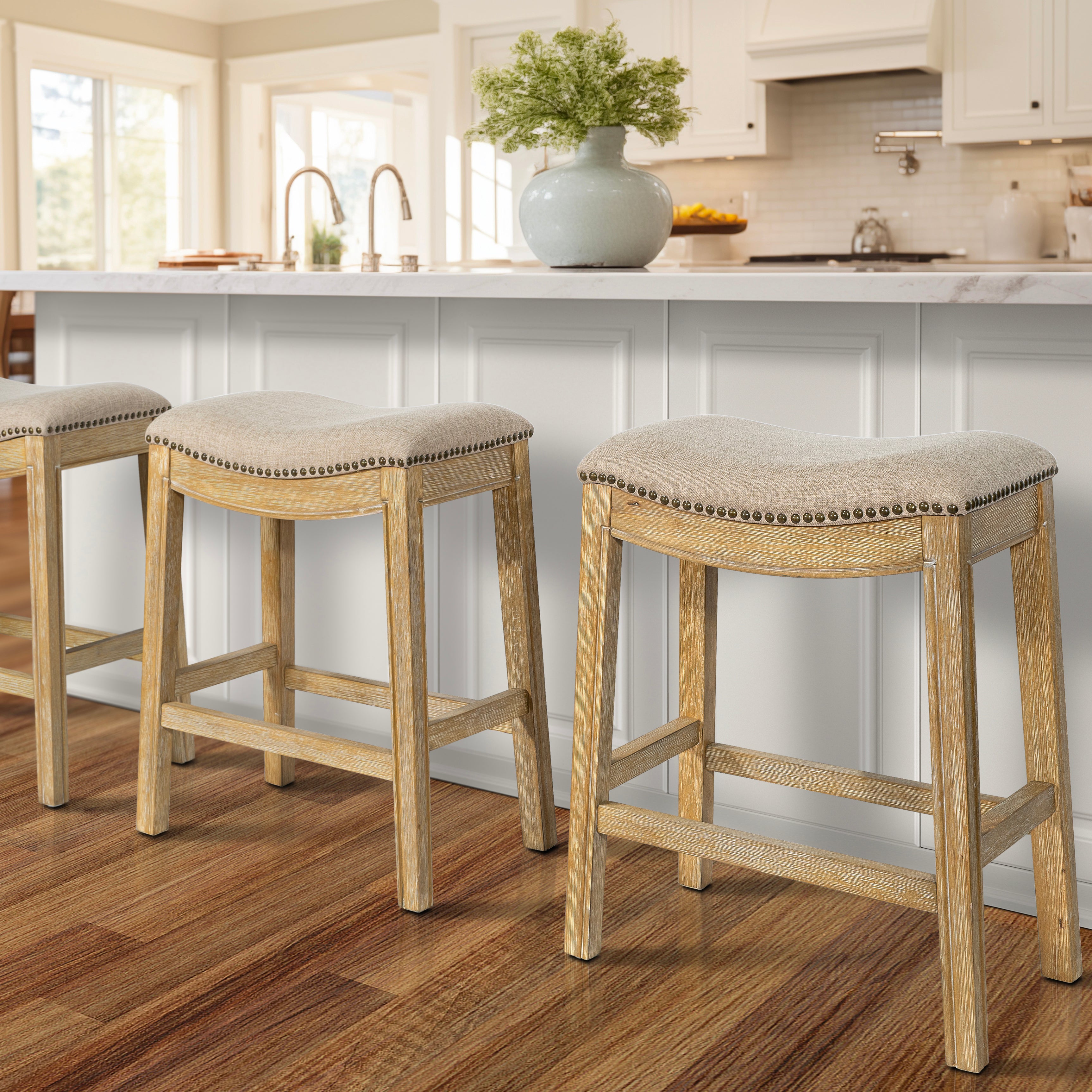 26" Cream and Wood Brown Fabric and Solid Wood Backless Counter Height Bar Chair-Bar Chairs-DECOROLALA