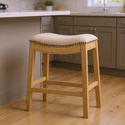 26" Cream and Wood Brown Fabric and Solid Wood Backless Counter Height Bar Chair-Bar Chairs-DECOROLALA