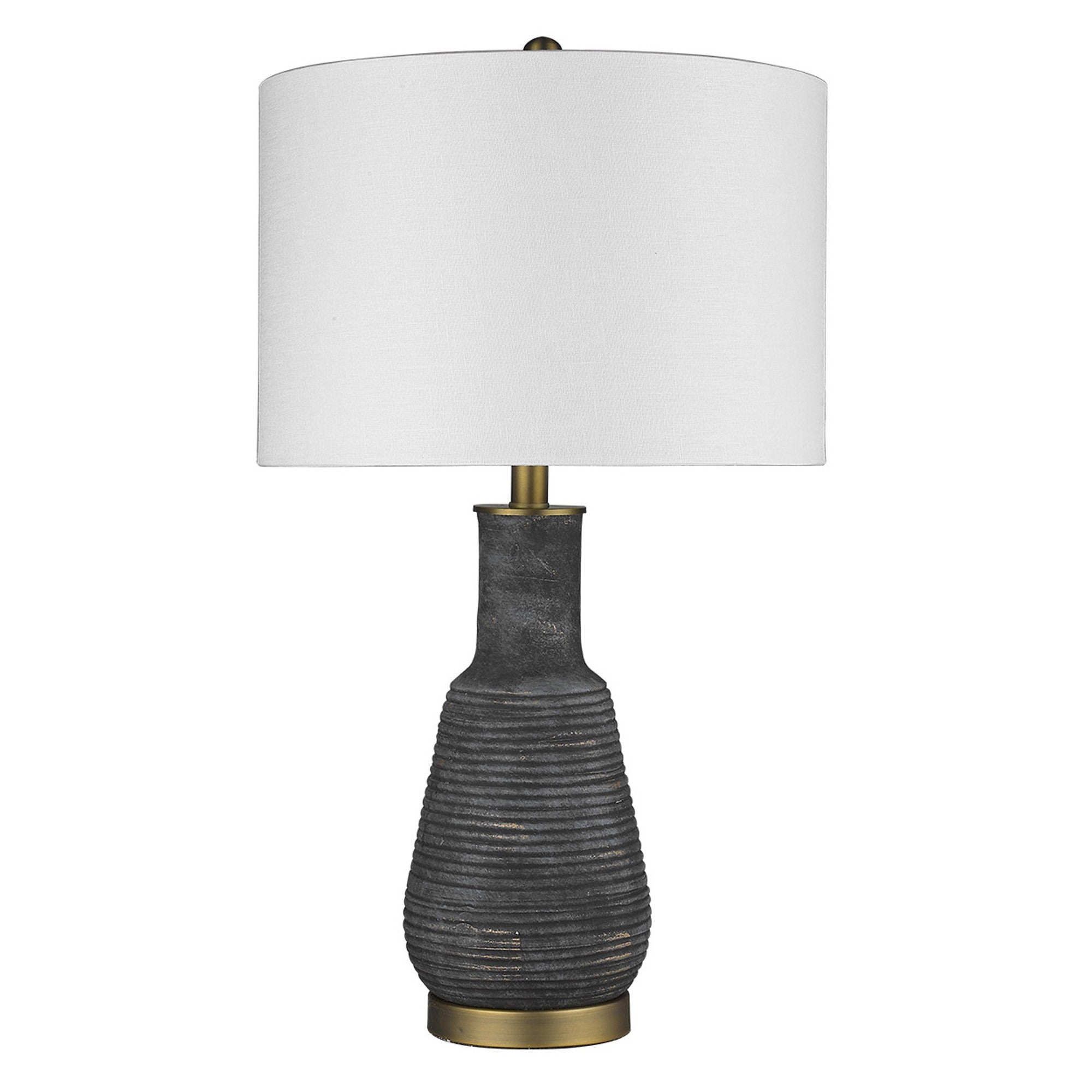 26" Distressed Black and Gold Ceramic Table Lamp With White Drum Shade-Table Lamps-DECOROLALA