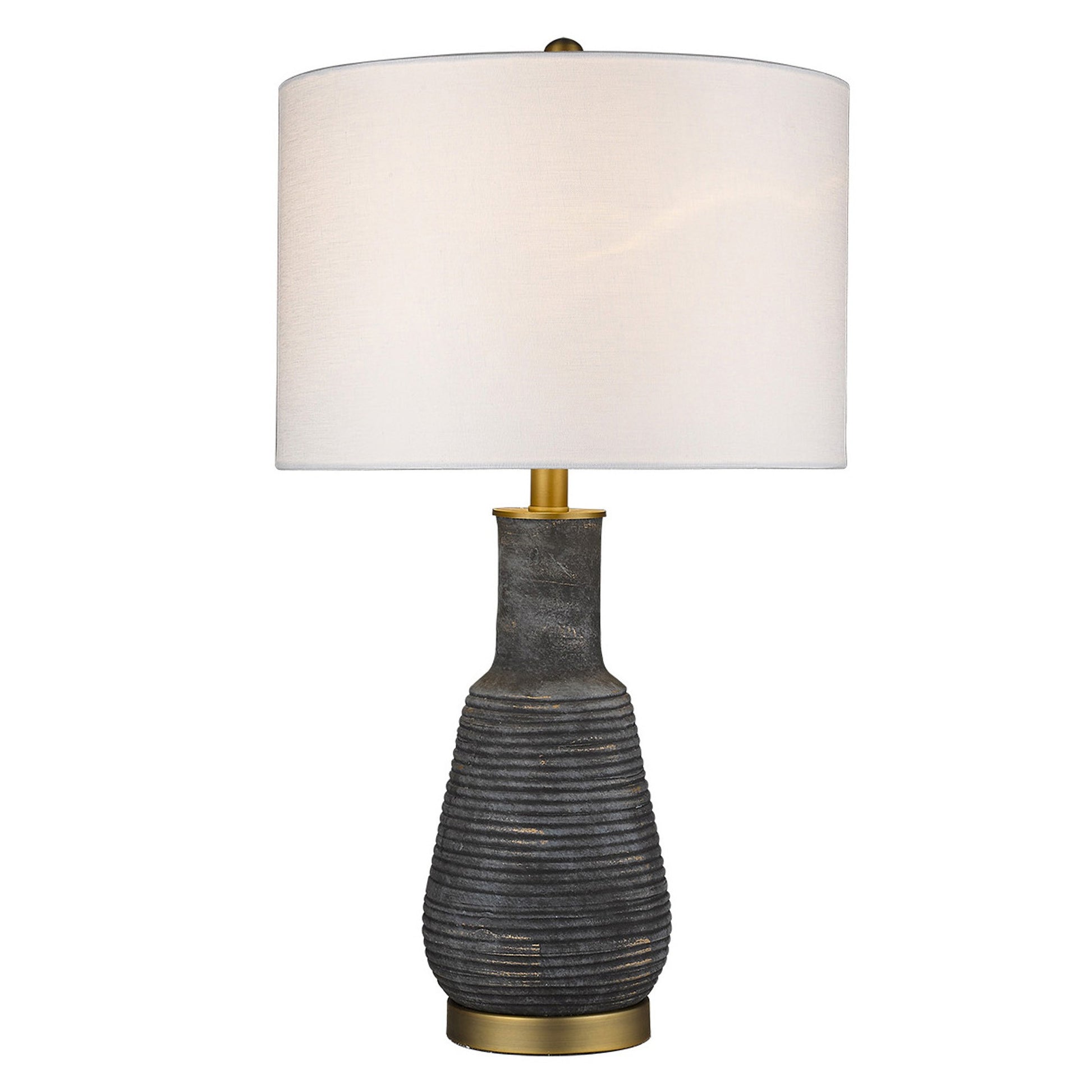 26" Distressed Black and Gold Ceramic Table Lamp With White Drum Shade-Table Lamps-DECOROLALA