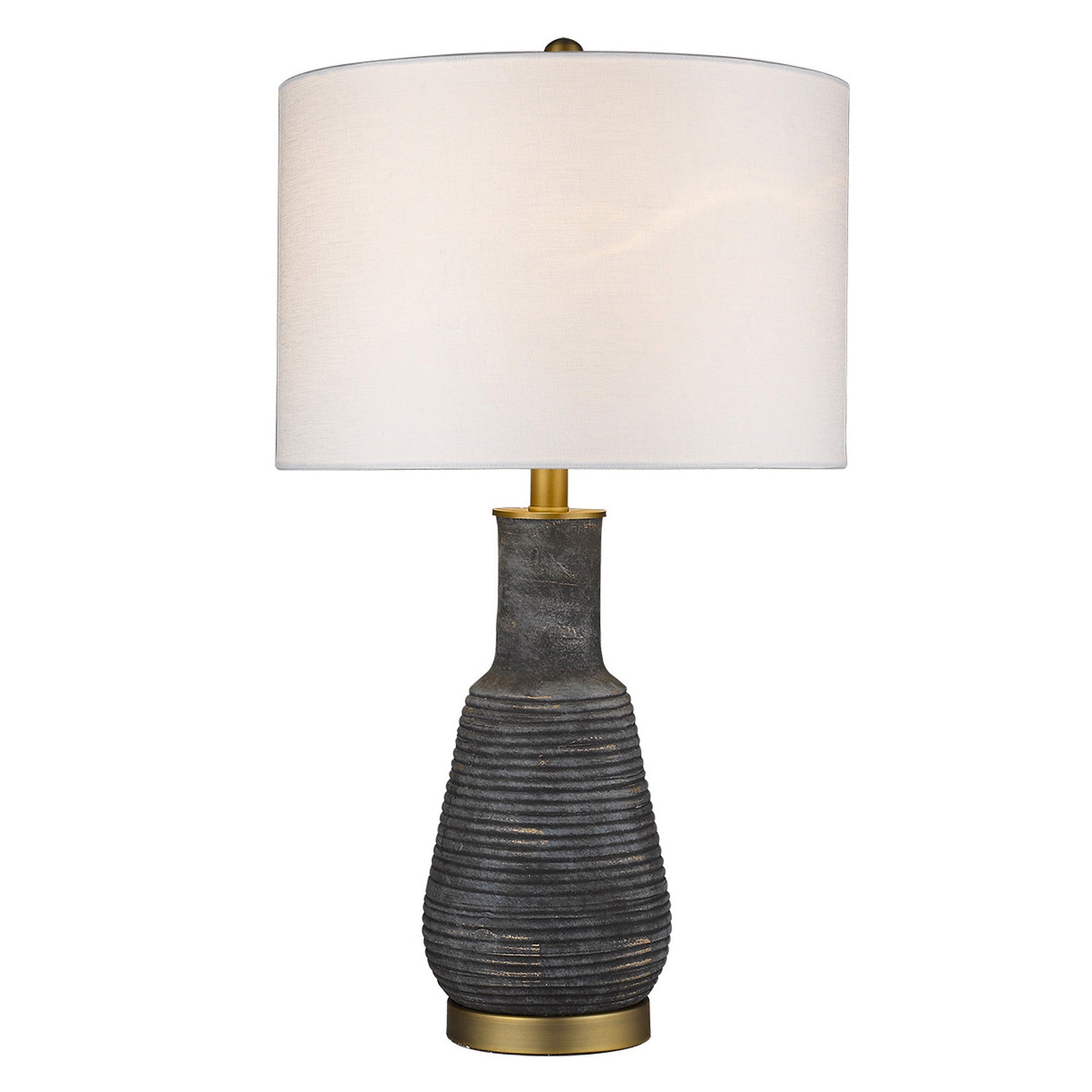 26" Distressed Black and Gold Ceramic Table Lamp With White Drum Shade-Table Lamps-DECOROLALA