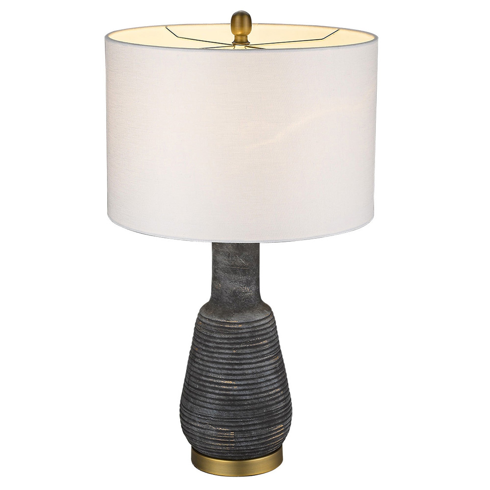 26" Distressed Black and Gold Ceramic Table Lamp With White Drum Shade-Table Lamps-DECOROLALA