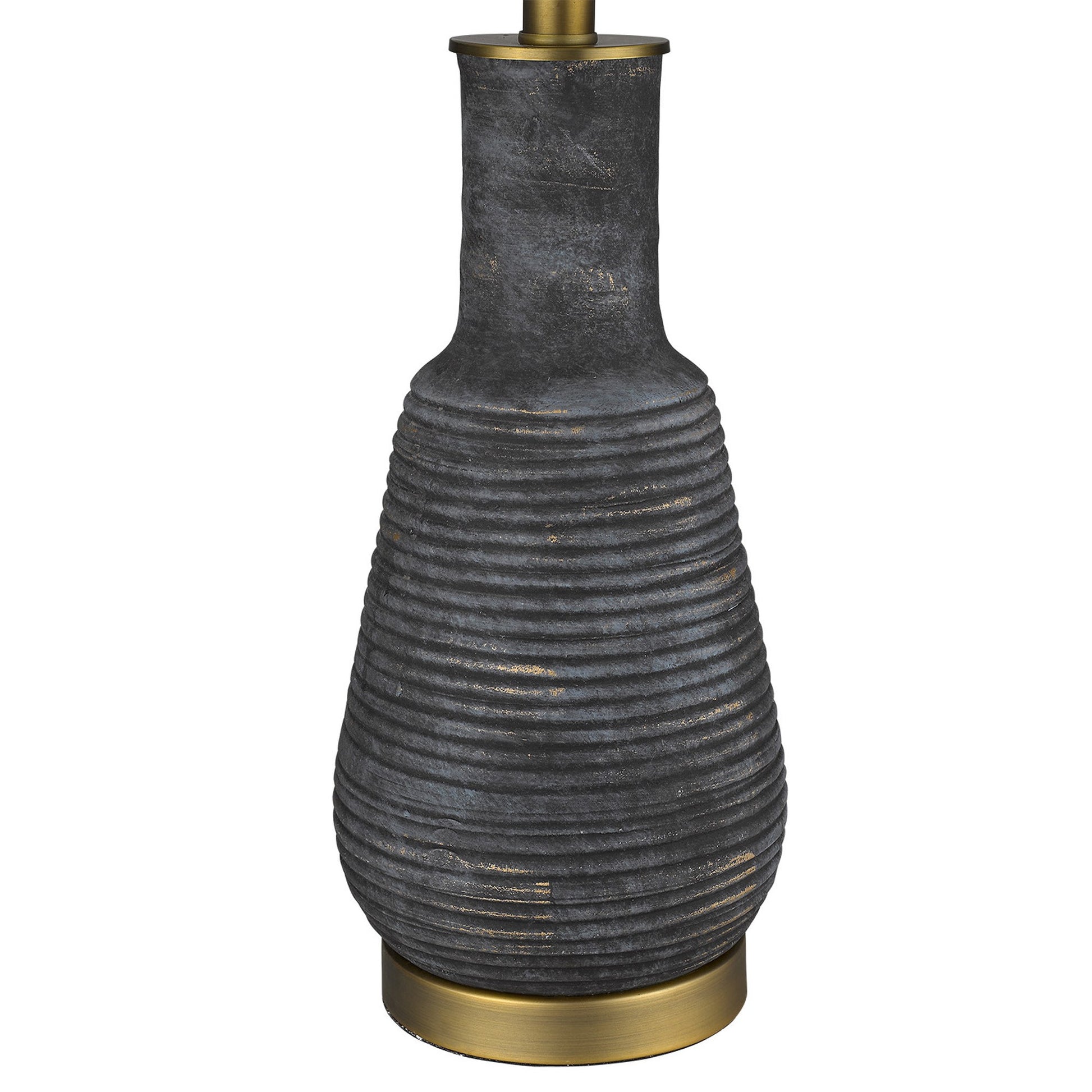 26" Distressed Black and Gold Ceramic Table Lamp With White Drum Shade-Table Lamps-DECOROLALA