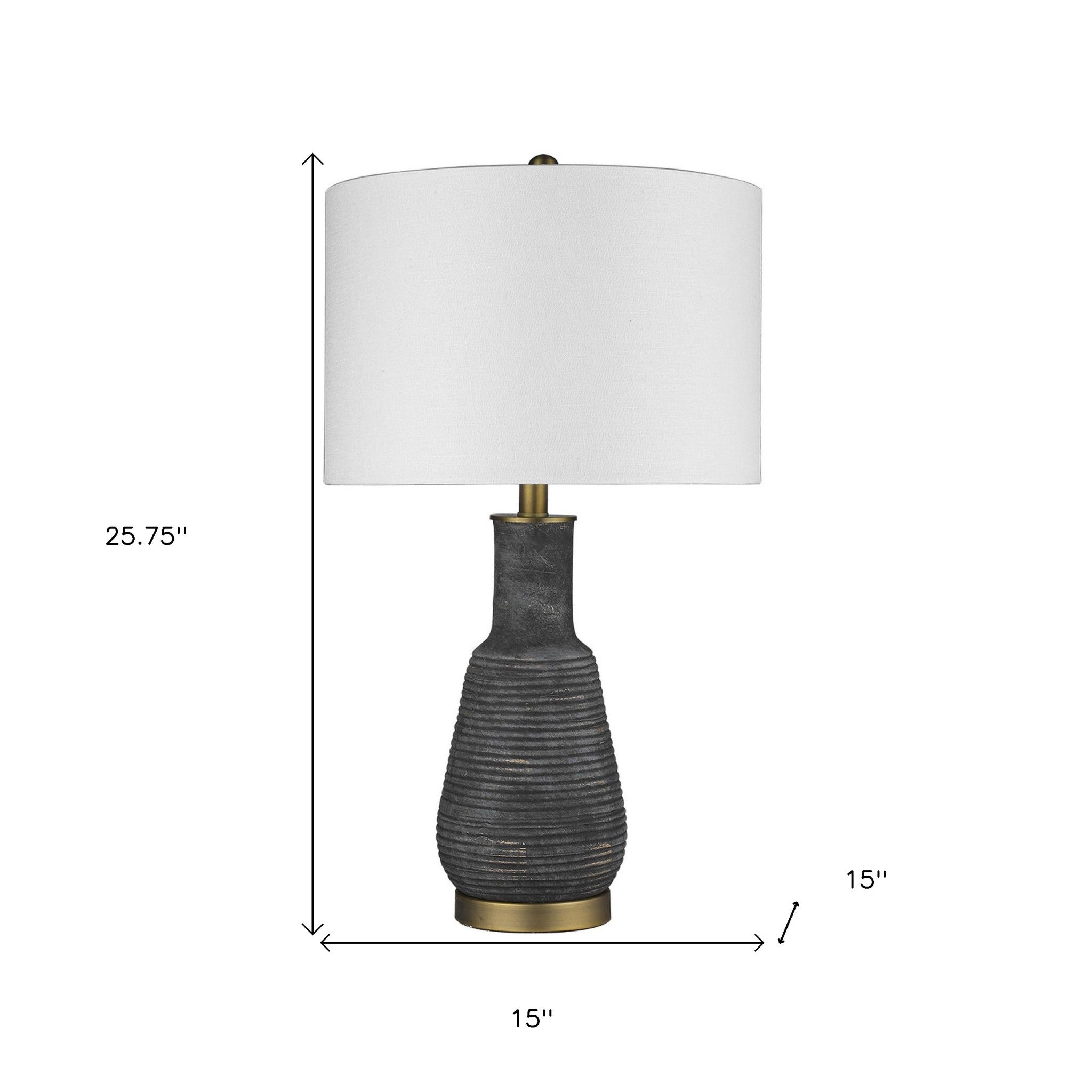 26" Distressed Black and Gold Ceramic Table Lamp With White Drum Shade-Table Lamps-DECOROLALA