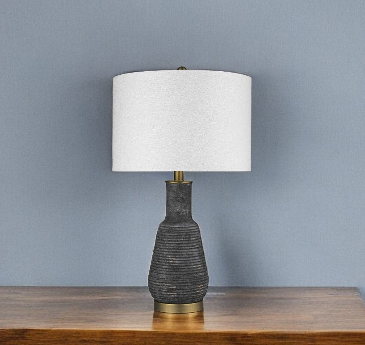 26" Distressed Black and Gold Ceramic Table Lamp With White Drum Shade-Table Lamps-DECOROLALA