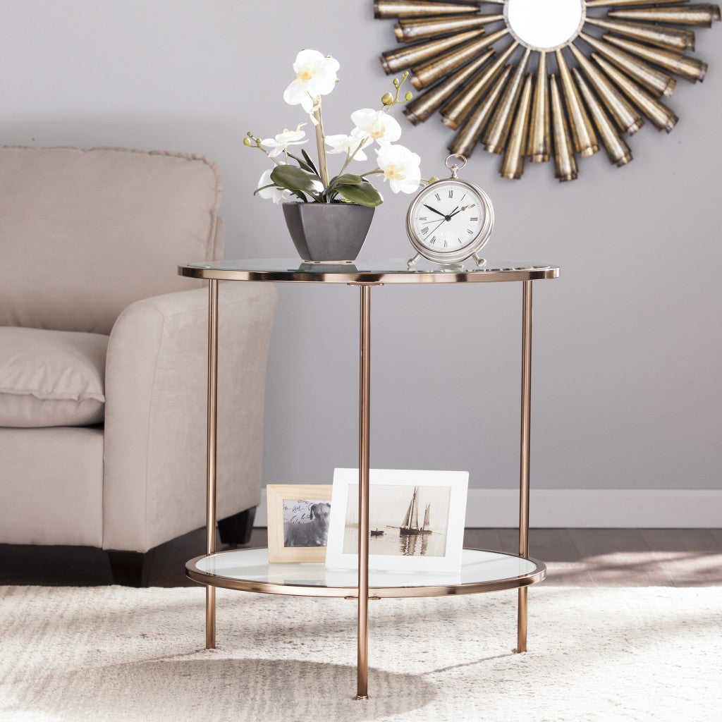 26" Gold Glass And Iron Round End Table With Shelf-End-Side Tables-DECOROLALA