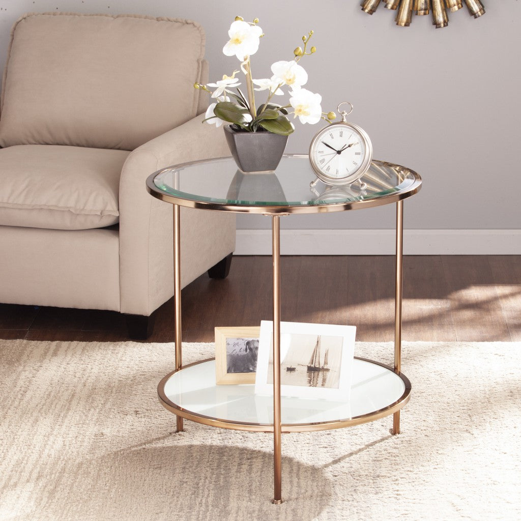 26" Gold Glass And Iron Round End Table With Shelf-End-Side Tables-DECOROLALA