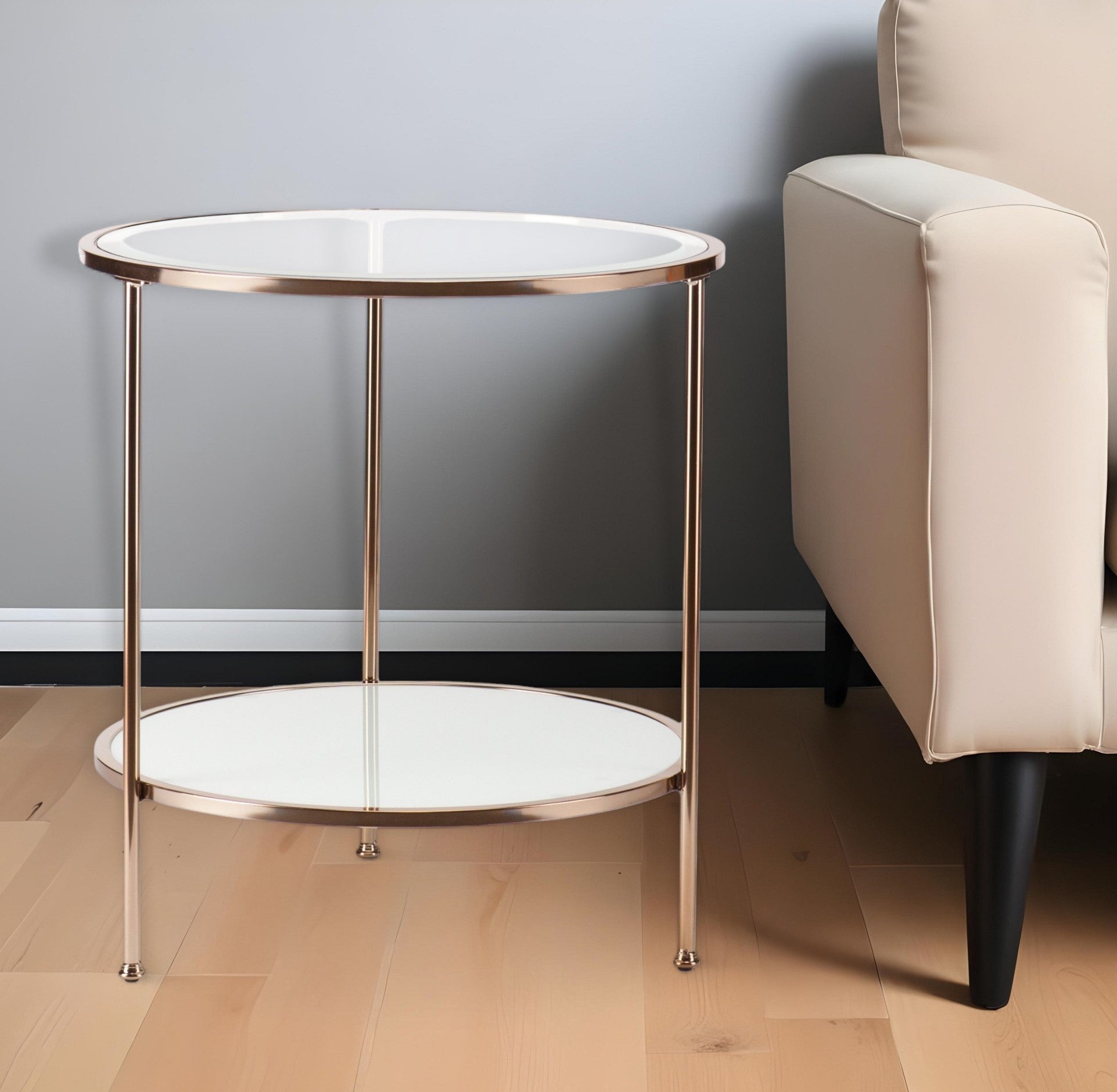 26" Gold Glass And Iron Round End Table With Shelf-End-Side Tables-DECOROLALA