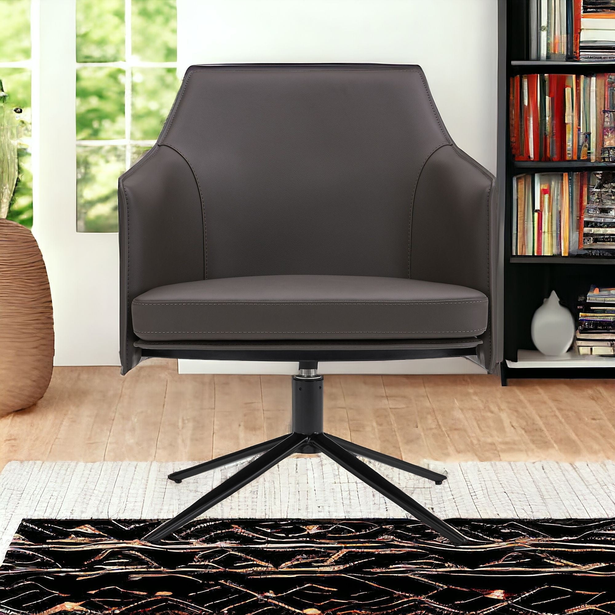 26" Gray and Black Faux Leather Swivel Lounge Chair-Accent Chairs-DECOROLALA