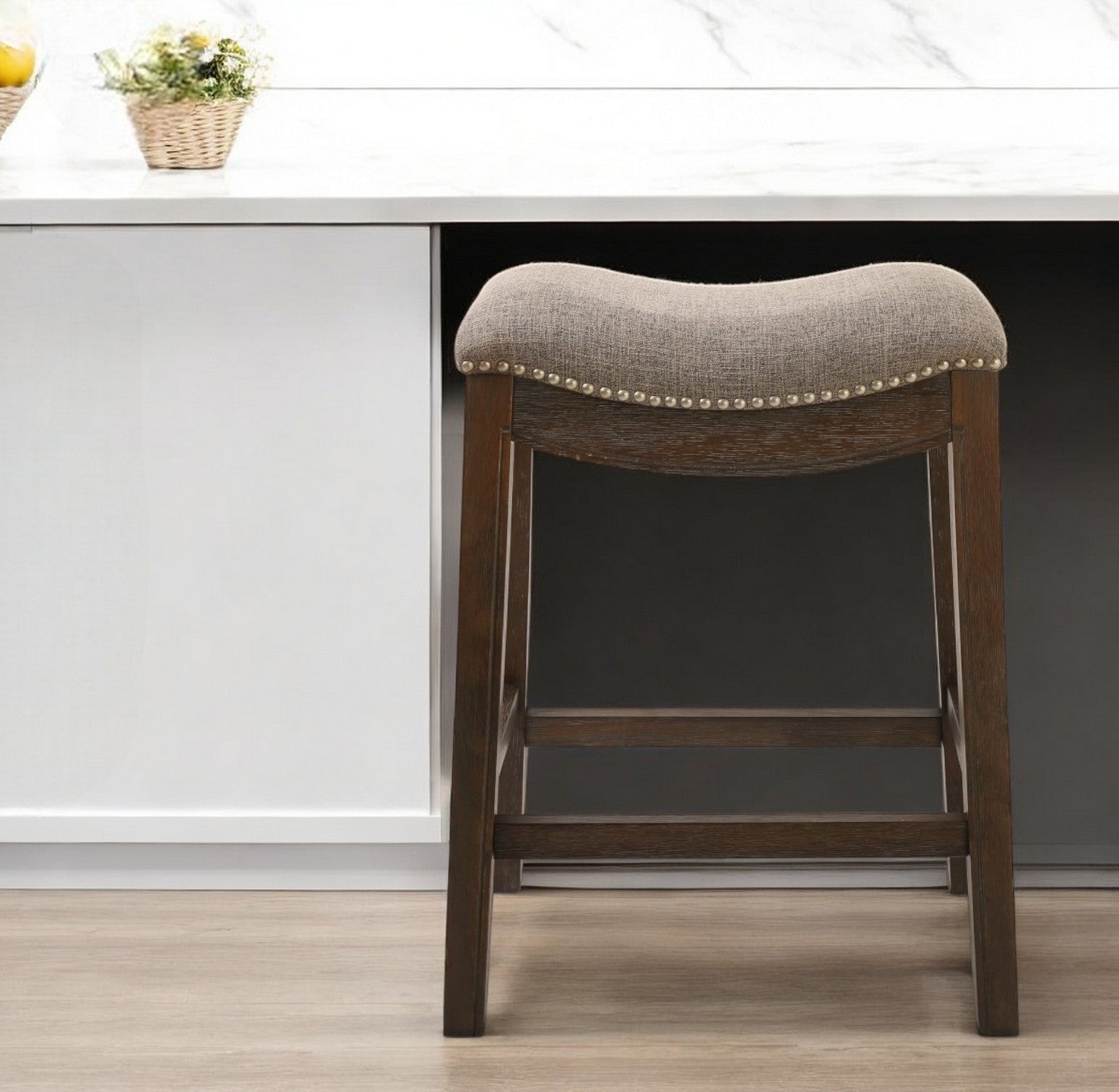 26" Gray and Brown Fabric and Solid Wood Backless Counter Height Bar Chair-Bar Chairs-DECOROLALA