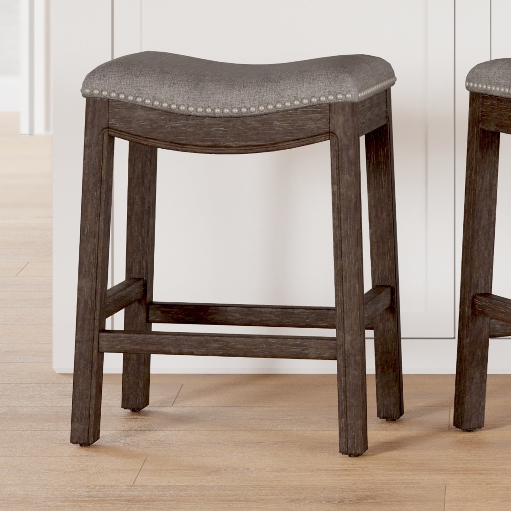 26" Gray and Brown Fabric and Solid Wood Backless Counter Height Bar Chair-Bar Chairs-DECOROLALA