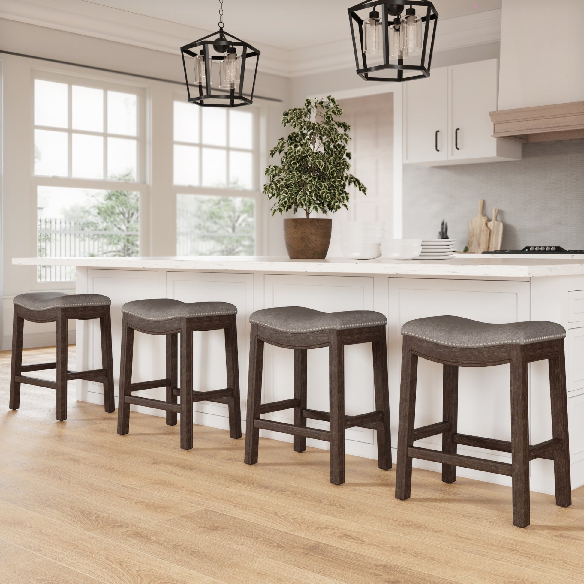 26" Gray and Brown Fabric and Solid Wood Backless Counter Height Bar Chair-Bar Chairs-DECOROLALA