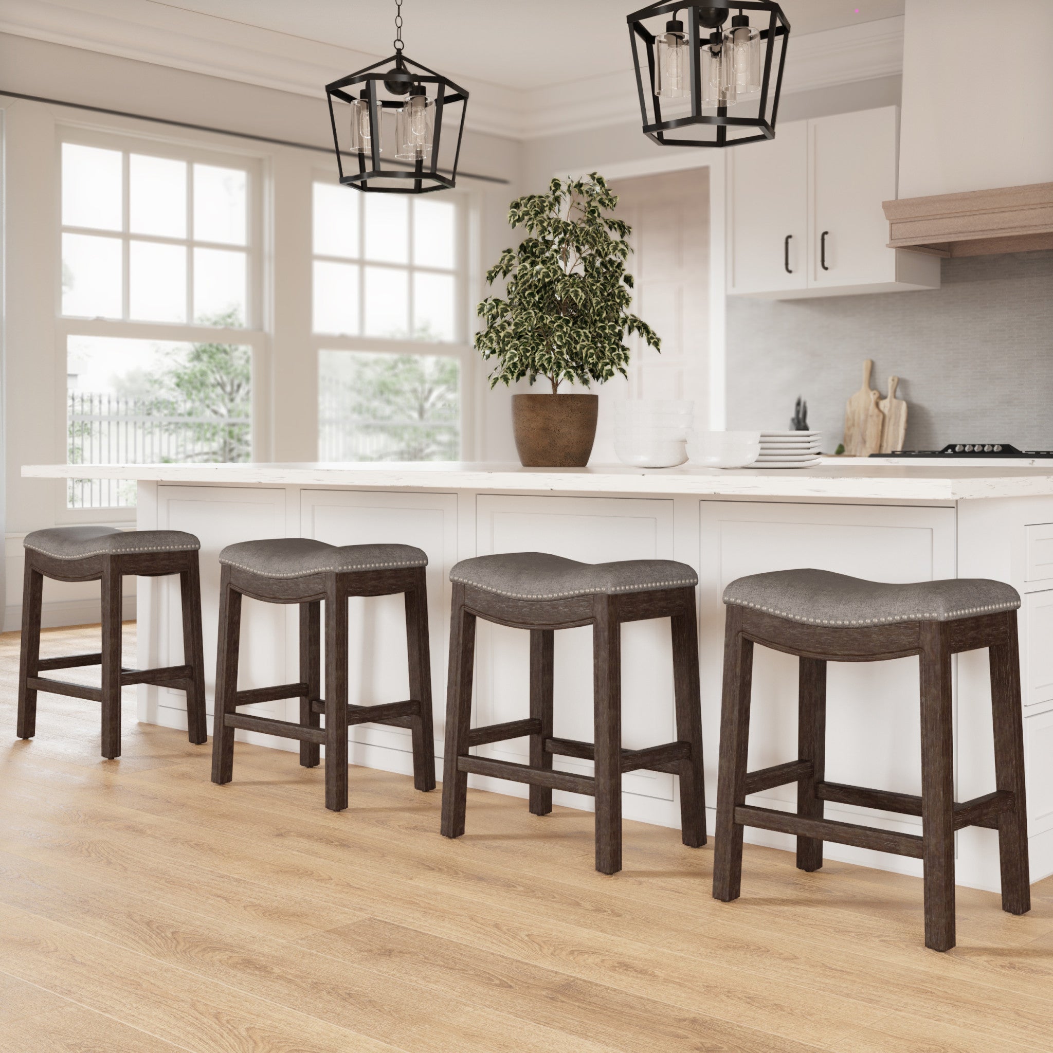 26" Gray and Brown Fabric and Solid Wood Backless Counter Height Bar Chair-Bar Chairs-DECOROLALA