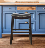 26" Gray and Espresso Faux Leather and Solid Wood Backless Counter Height Bar Chair-Bar Chairs-DECOROLALA