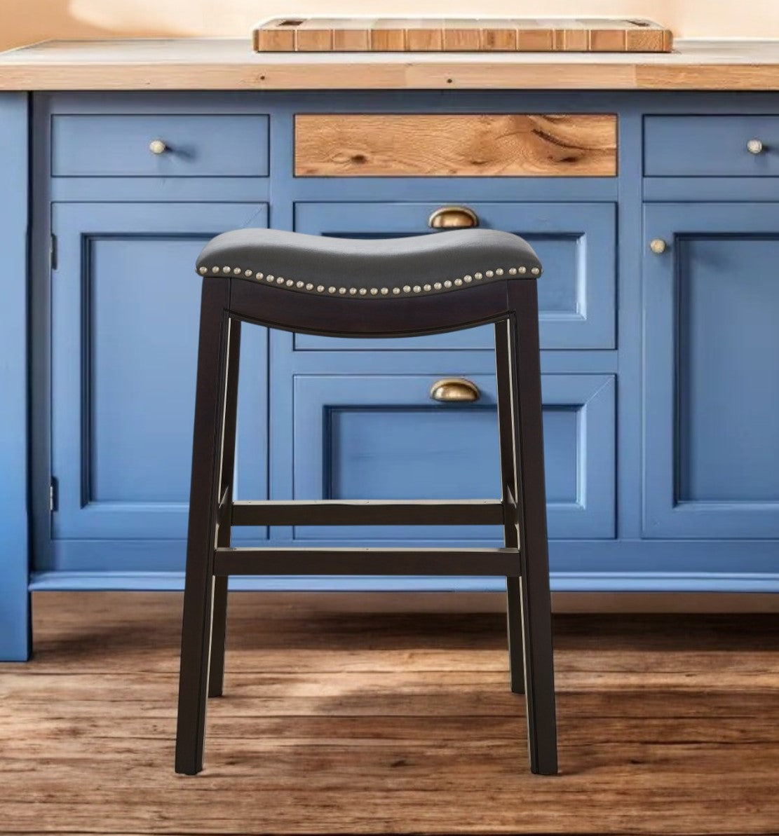 26" Gray and Espresso Faux Leather and Solid Wood Backless Counter Height Bar Chair-Bar Chairs-DECOROLALA