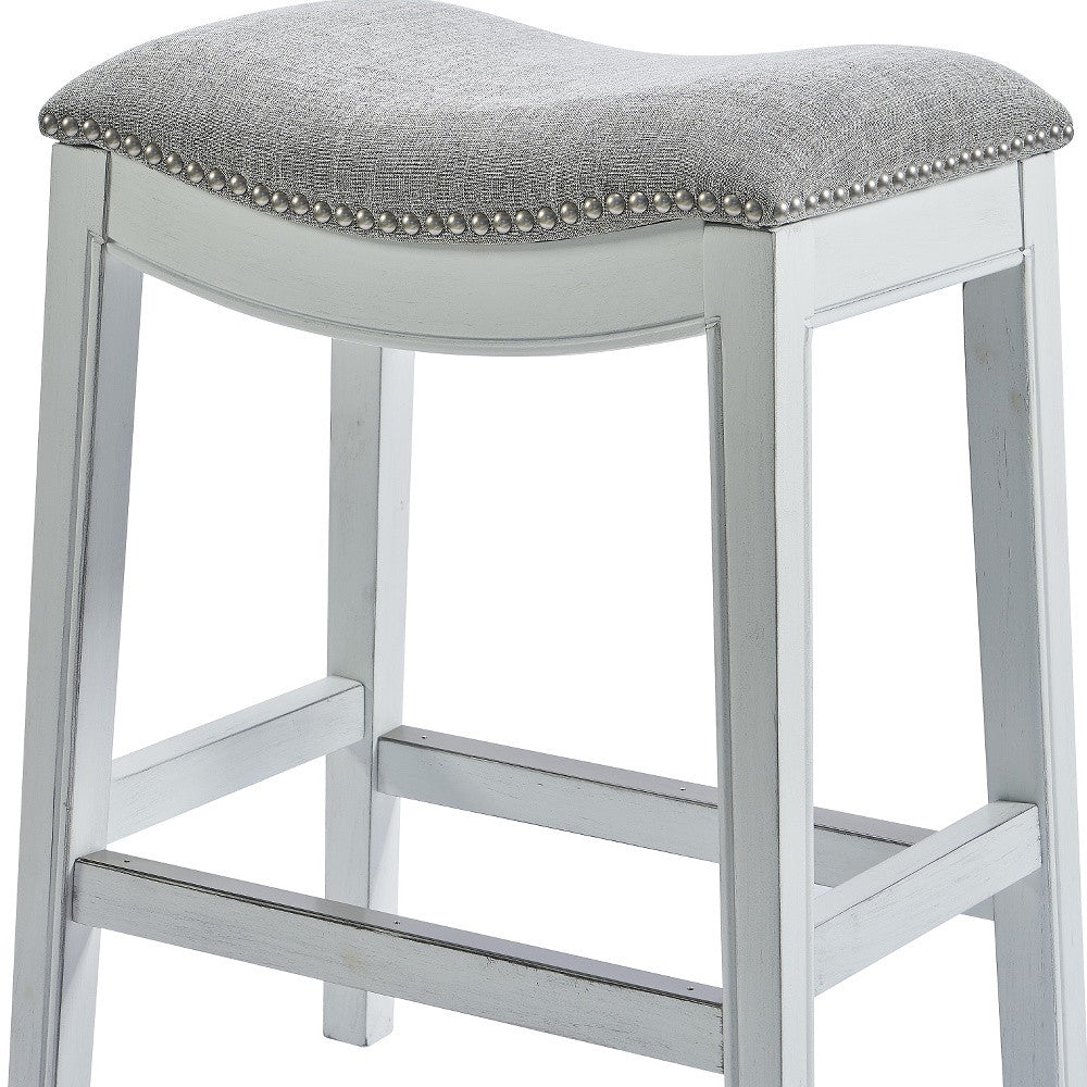 26" Gray and White Solid Wood and Linen Blend Backless Counter Height Bar Chair-Bar Chairs-DECOROLALA