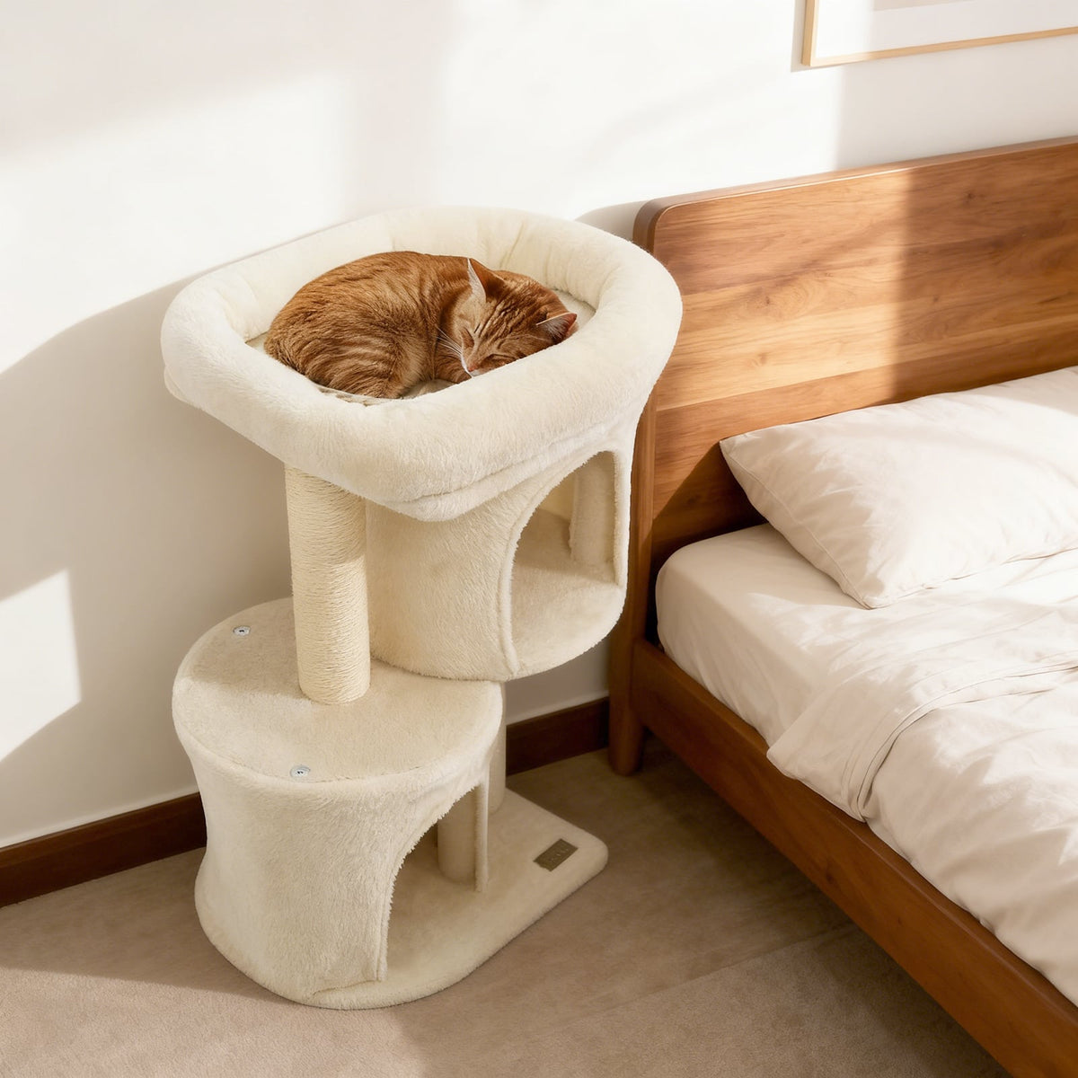 26 Inch Cat Tower with Large Padded Push Perch and Dual Condos-Beige-Cat Trees & Scratchers-DECOROLALA