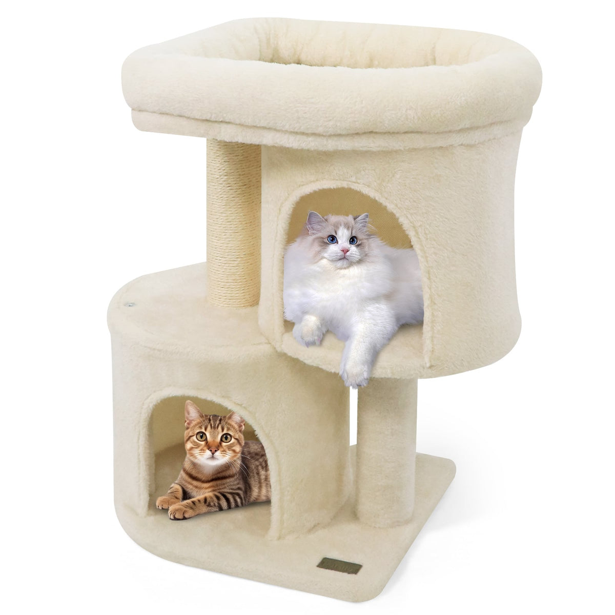 26 Inch Cat Tower with Large Padded Push Perch and Dual Condos-Beige-Cat Trees & Scratchers-DECOROLALA