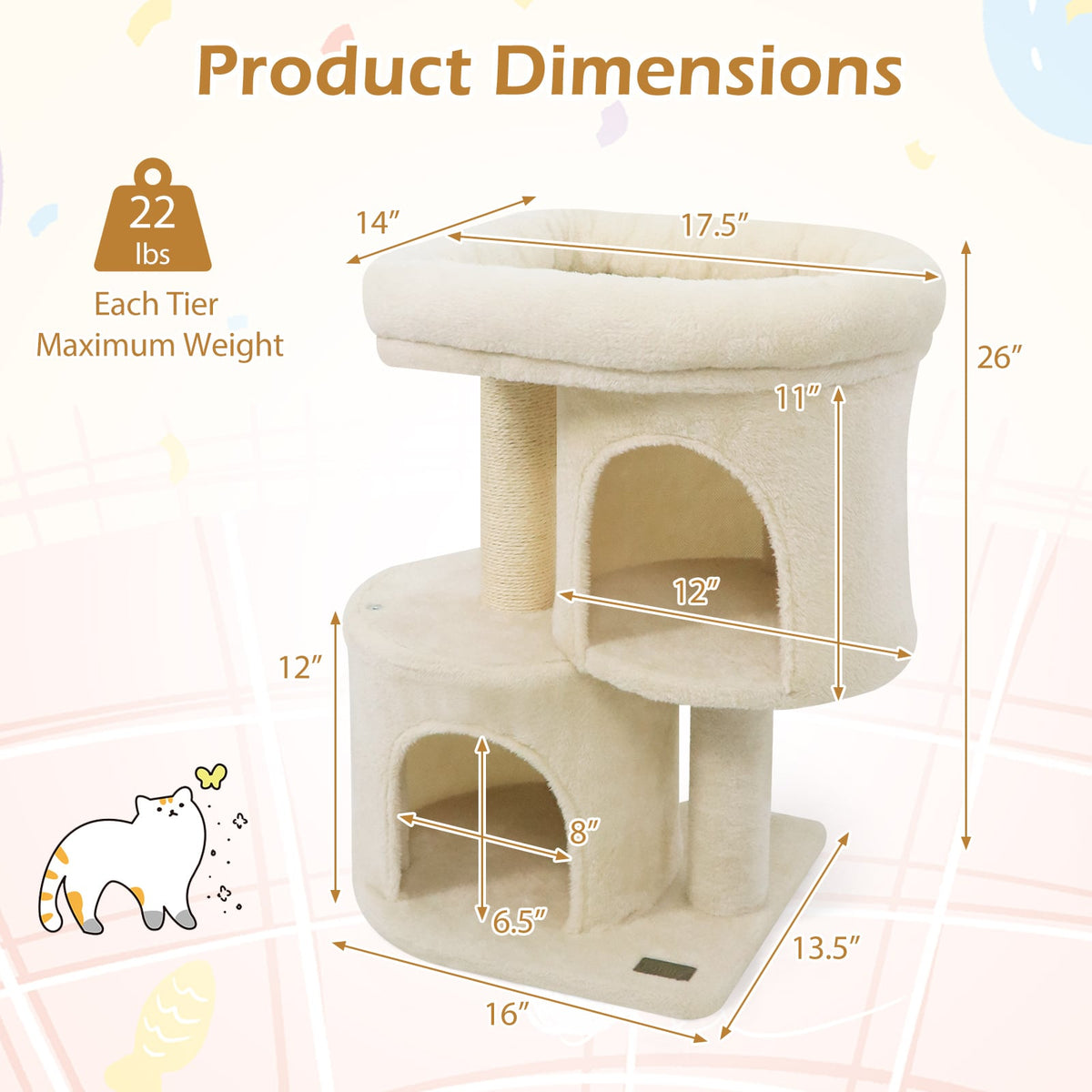 26 Inch Cat Tower with Large Padded Push Perch and Dual Condos-Beige-Cat Trees & Scratchers-DECOROLALA