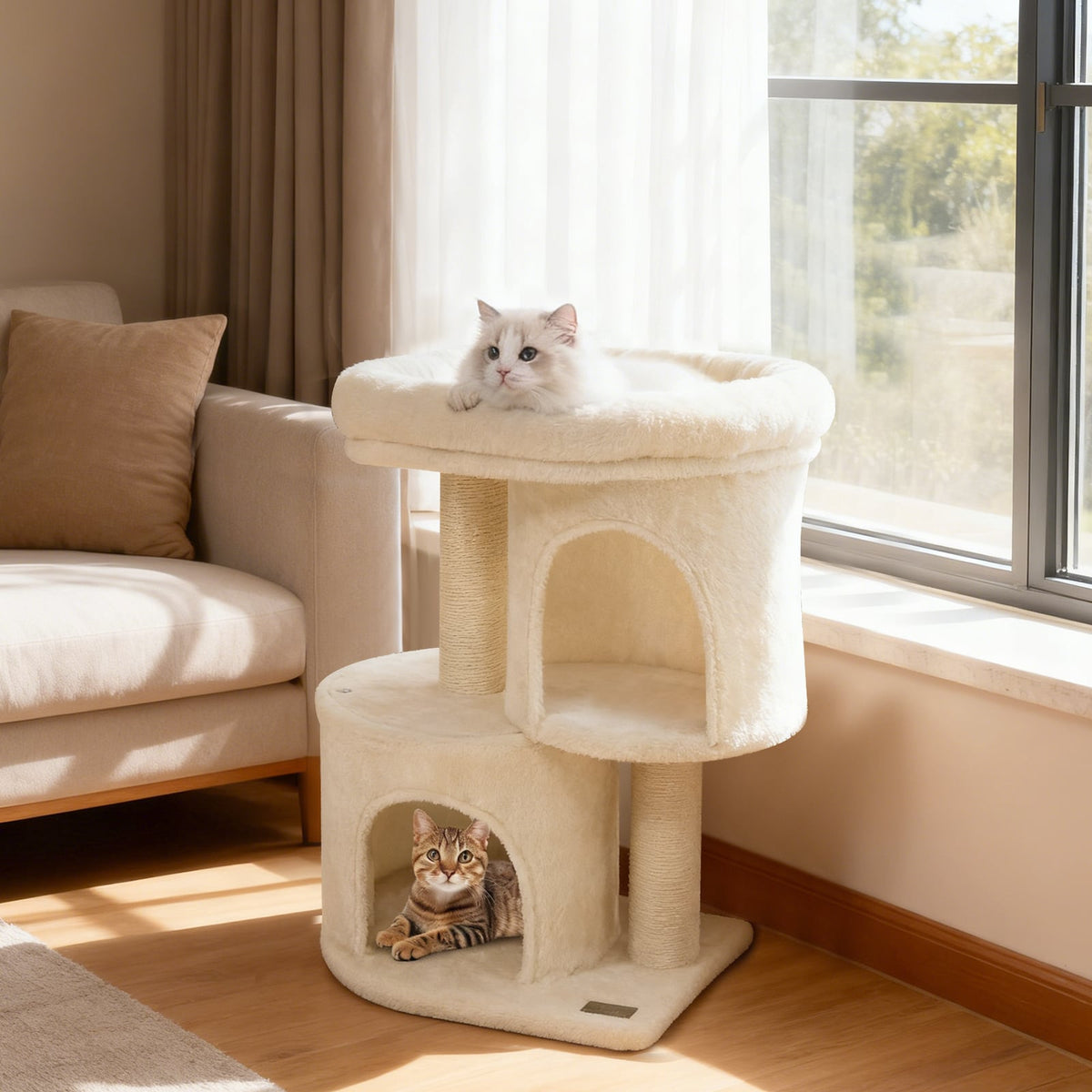 26 Inch Cat Tower with Large Padded Push Perch and Dual Condos-Beige-Cat Trees & Scratchers-DECOROLALA