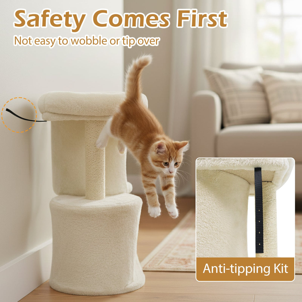 26 Inch Cat Tower with Large Padded Push Perch and Dual Condos-Beige-Cat Trees & Scratchers-DECOROLALA