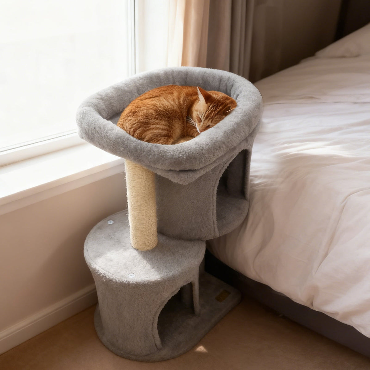 26 Inch Cat Tower with Large Padded Push Perch and Dual Condos-Light Gray-Cat Trees & Scratchers-DECOROLALA
