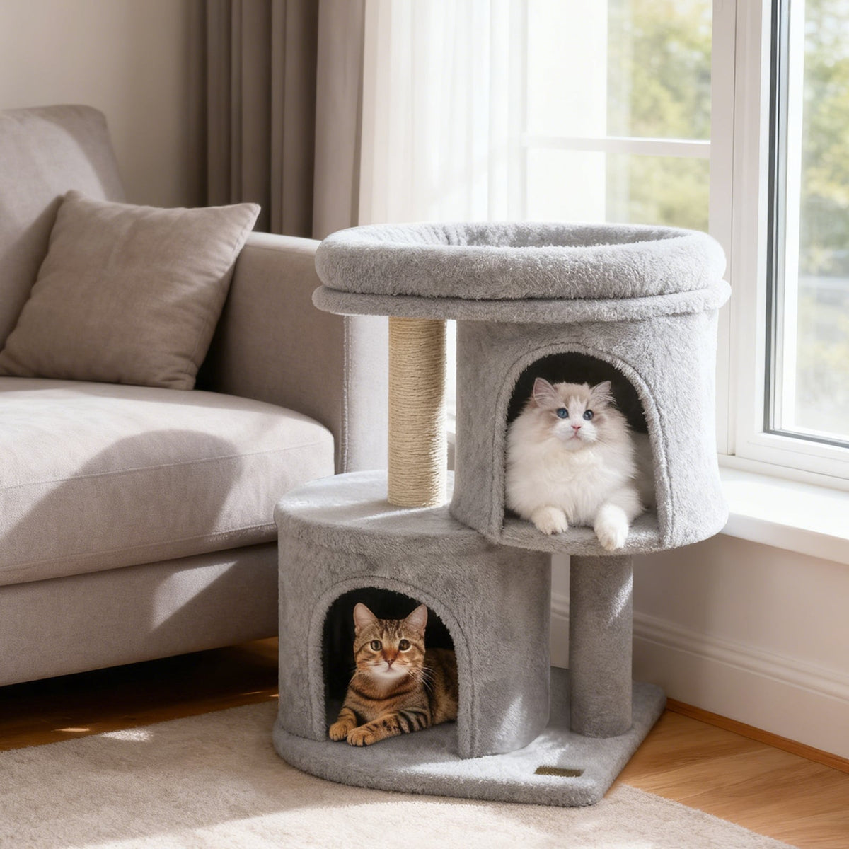 26 Inch Cat Tower with Large Padded Push Perch and Dual Condos-Light Gray-Cat Trees & Scratchers-DECOROLALA