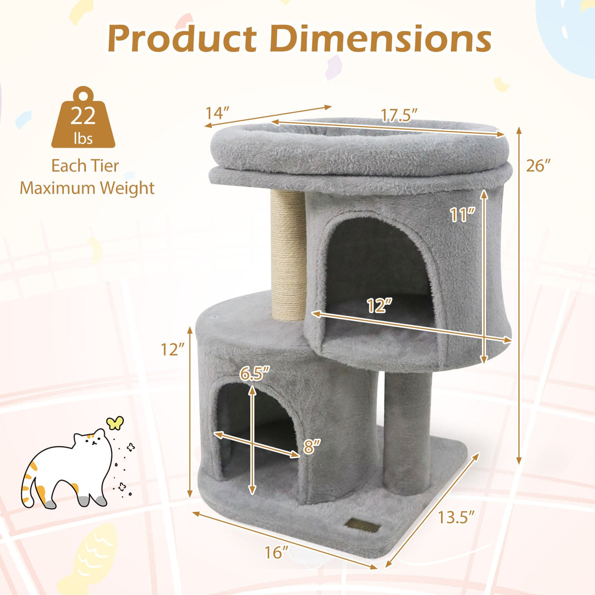 26 Inch Cat Tower with Large Padded Push Perch and Dual Condos-Light Gray-Cat Trees & Scratchers-DECOROLALA