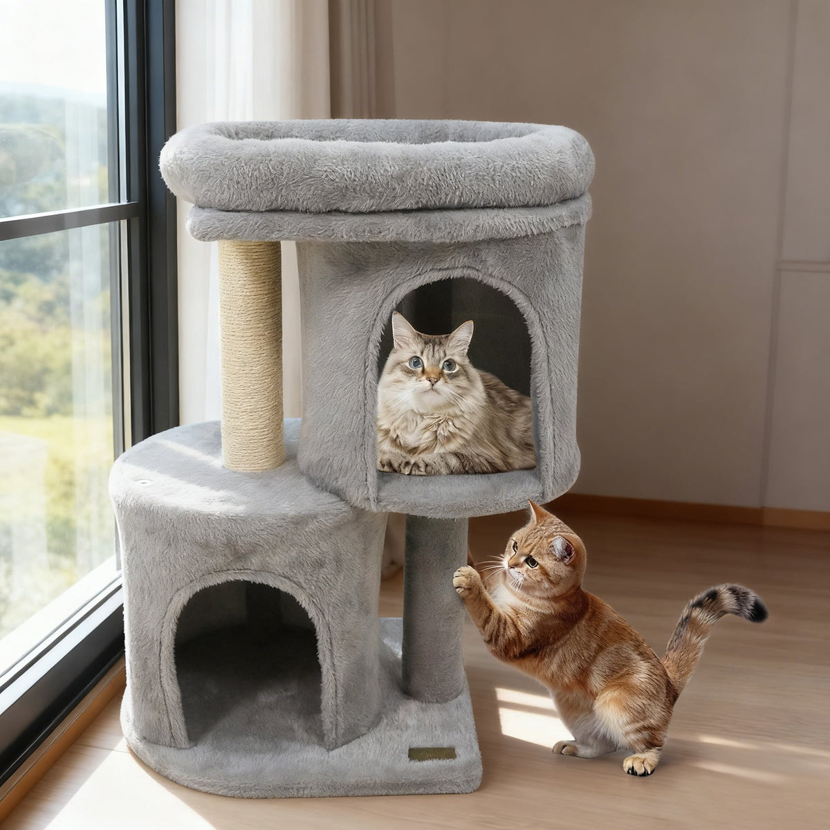 26 Inch Cat Tower with Large Padded Push Perch and Dual Condos-Light Gray-Cat Trees & Scratchers-DECOROLALA