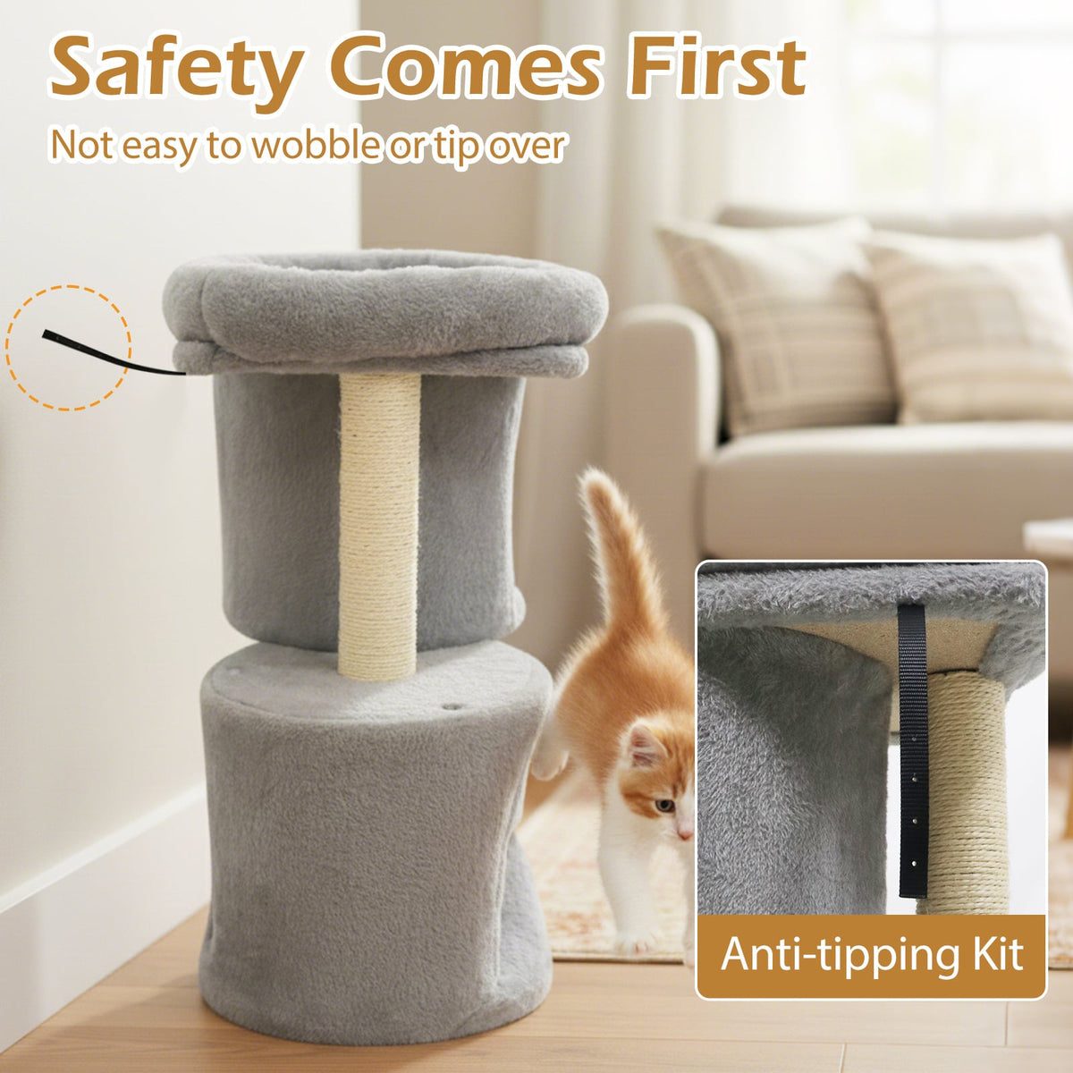 26 Inch Cat Tower with Large Padded Push Perch and Dual Condos-Light Gray-Cat Trees & Scratchers-DECOROLALA