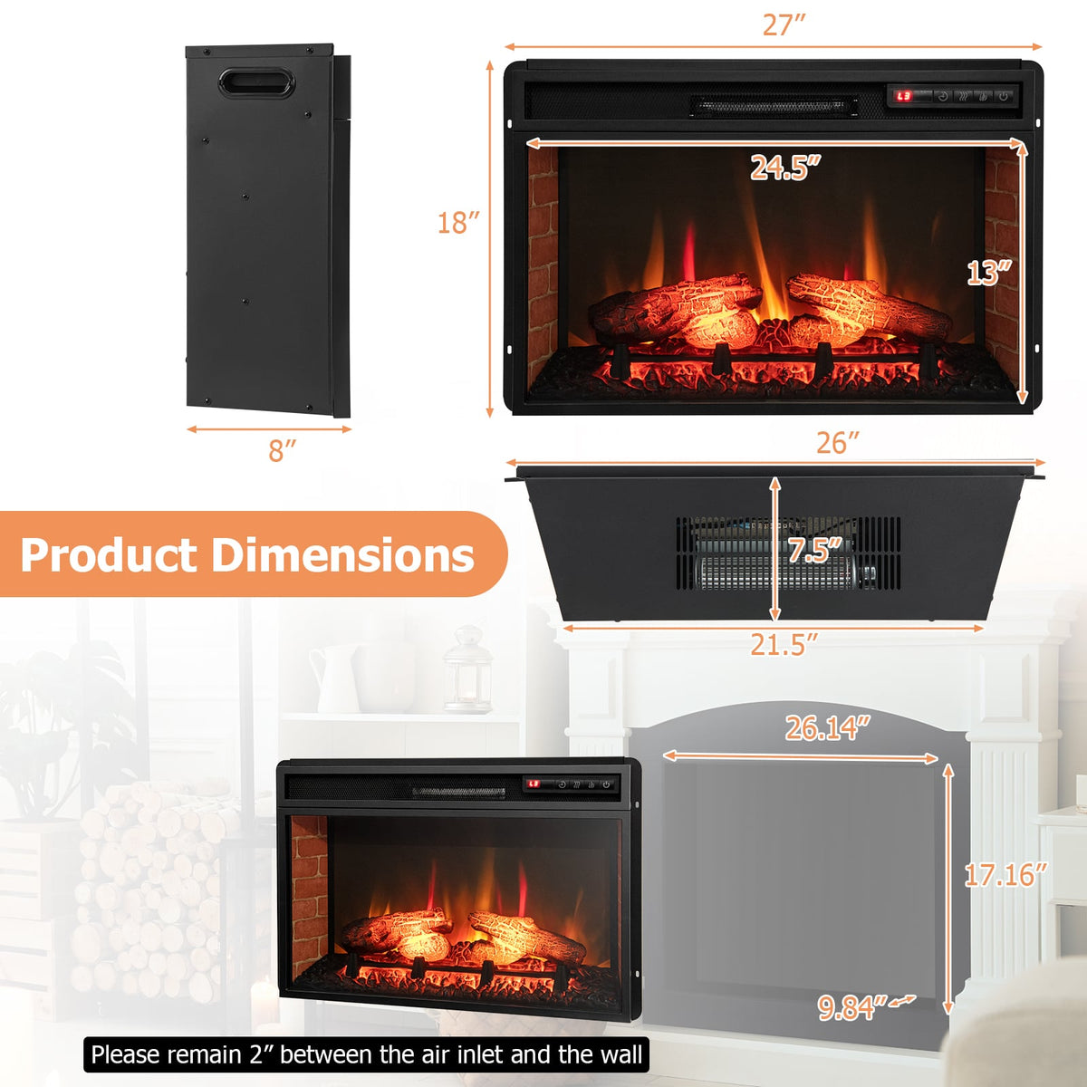 26 Inch Infrared Electric Fireplace Insert with Remote Control-Black-Fireplaces-DECOROLALA