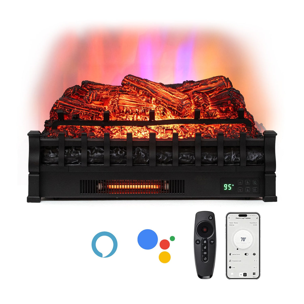 26 Inch WiFi Infrared Quartz Electric Fireplace Insert Logs Heater with Realistic Pinewood Logs-Black-Fireplaces-DECOROLALA