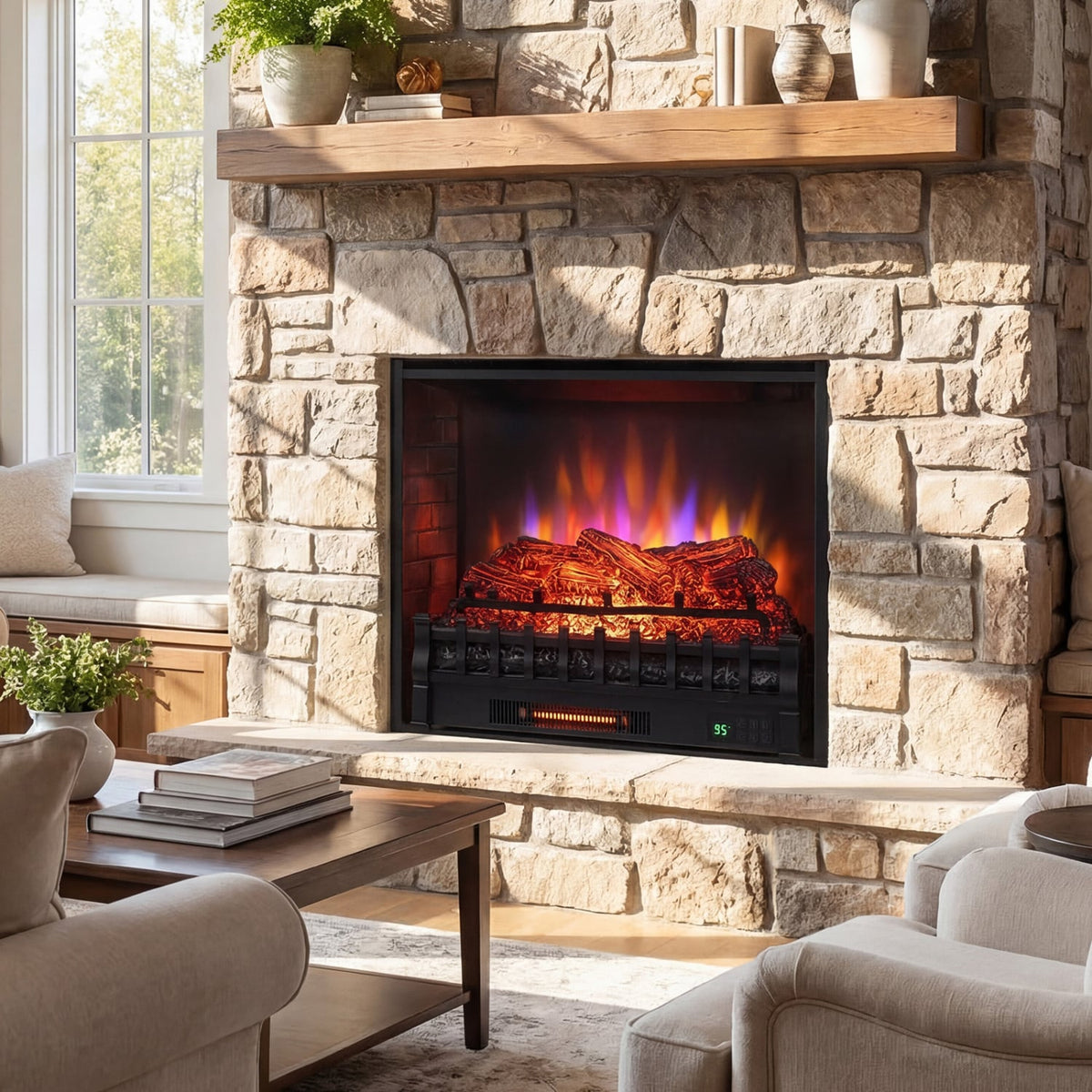 26 Inch WiFi Infrared Quartz Electric Fireplace Insert Logs Heater with Realistic Pinewood Logs-Black-Fireplaces-DECOROLALA