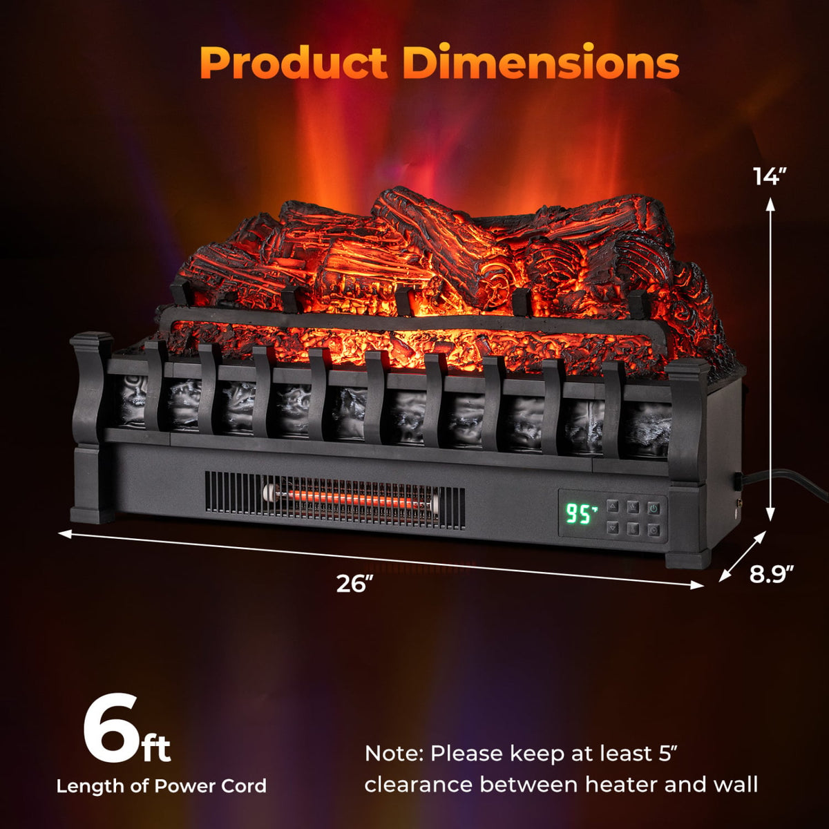 26 Inch WiFi Infrared Quartz Electric Fireplace Insert Logs Heater with Realistic Pinewood Logs-Black-Fireplaces-DECOROLALA