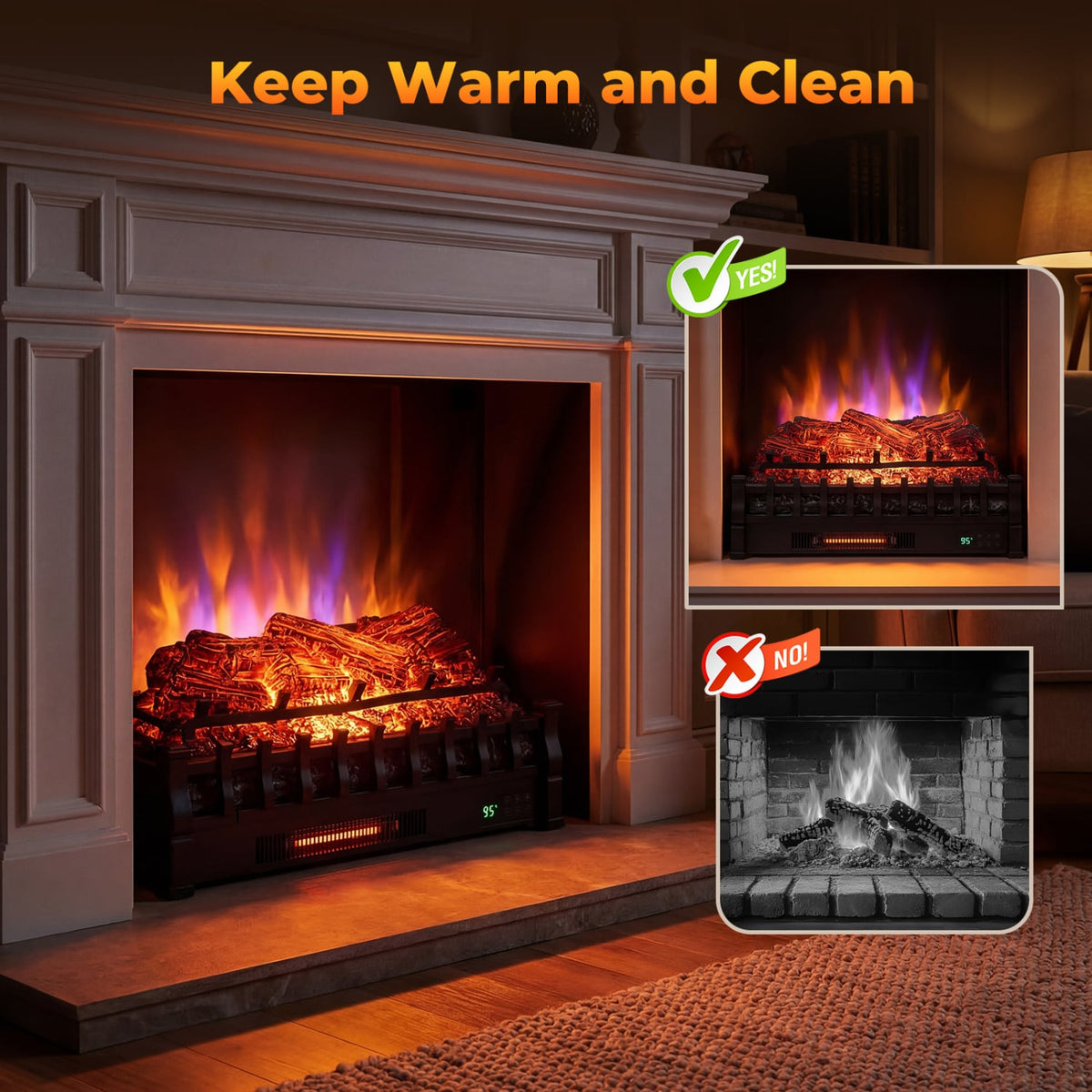 26 Inch WiFi Infrared Quartz Electric Fireplace Insert Logs Heater with Realistic Pinewood Logs-Black-Fireplaces-DECOROLALA