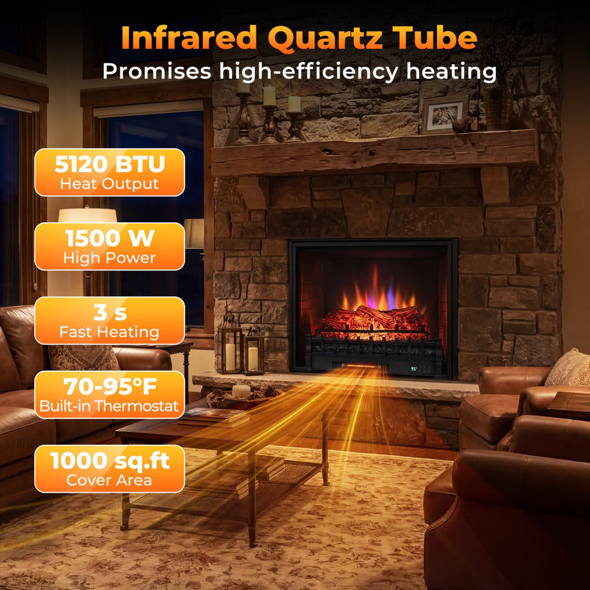 26 Inch WiFi Infrared Quartz Electric Fireplace Insert Logs Heater with Realistic Pinewood Logs-Black-Fireplaces-DECOROLALA